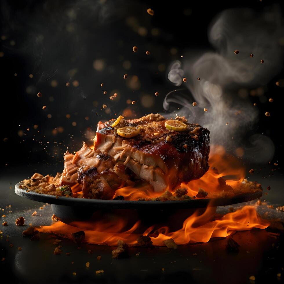 hamburger con fuoco e fiamme su un' nero sfondo. copia spazio., ai generativo Immagine foto