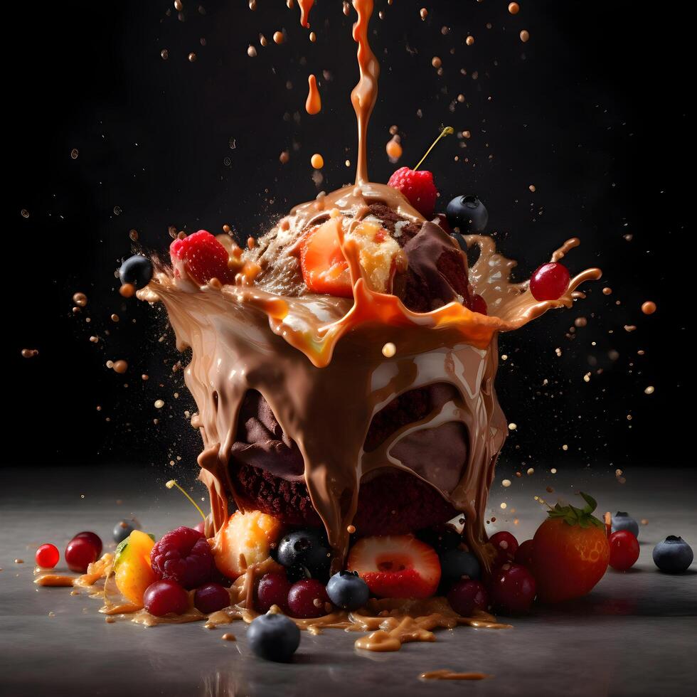 cioccolato torta con caramello e cioccolato spruzzi su un' buio sfondo, ai generativo Immagine foto