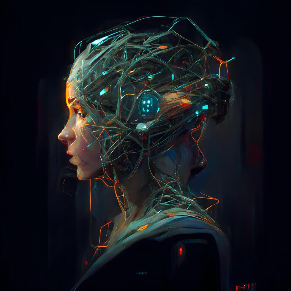 3d interpretazione di un' femmina robot con un' luminoso cervello su un' nero sfondo foto