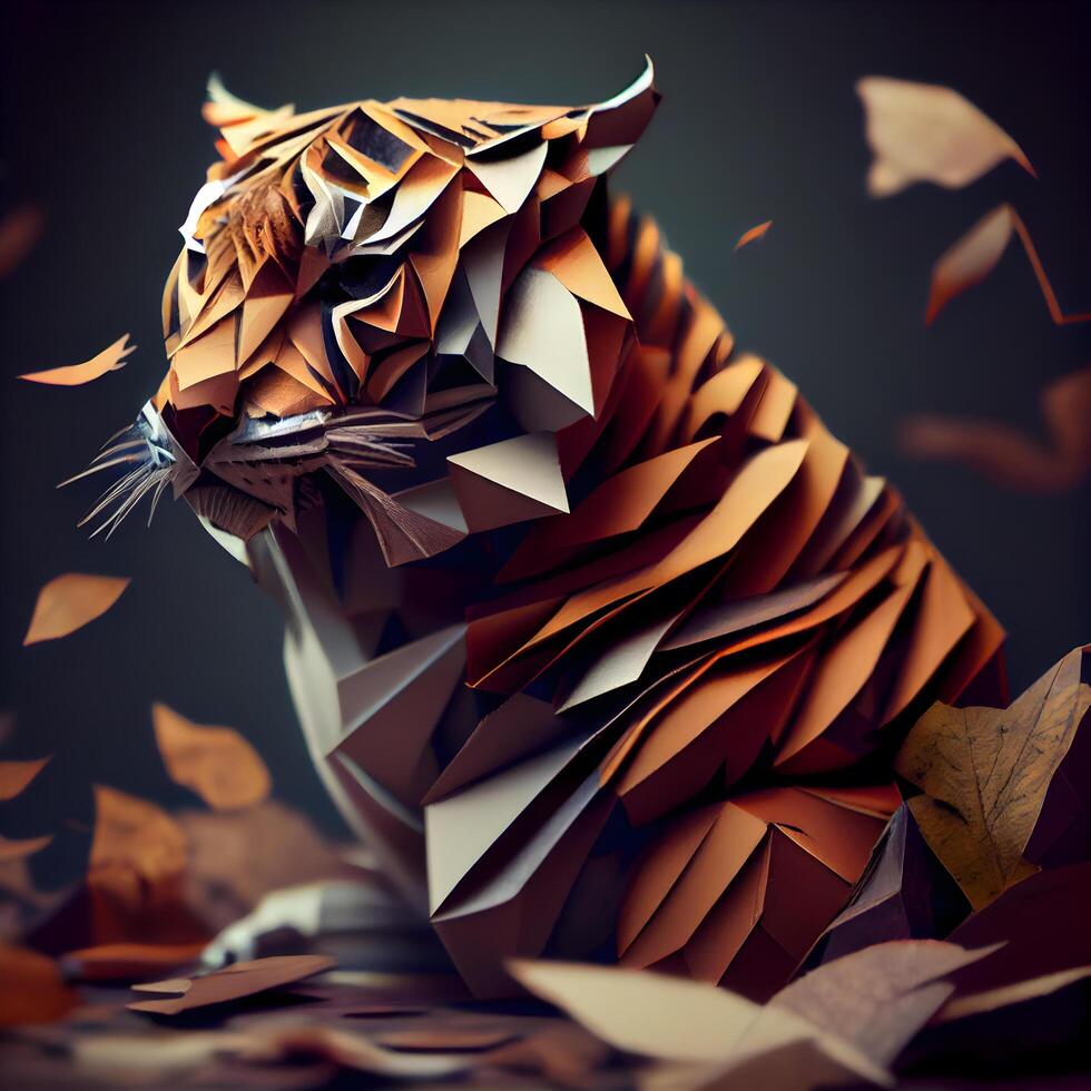 3d rendere di origami tigre con autunno le foglie su buio sfondo foto