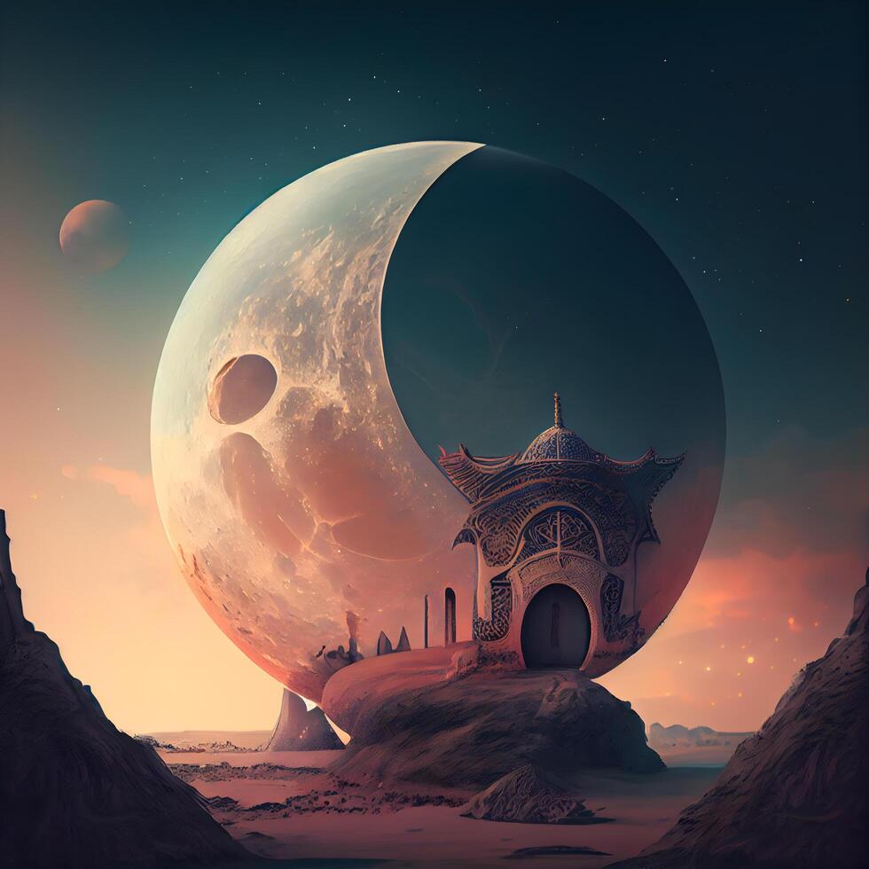 Luna e moschea nel il deserto. 3d illustrazione. fantasia. foto