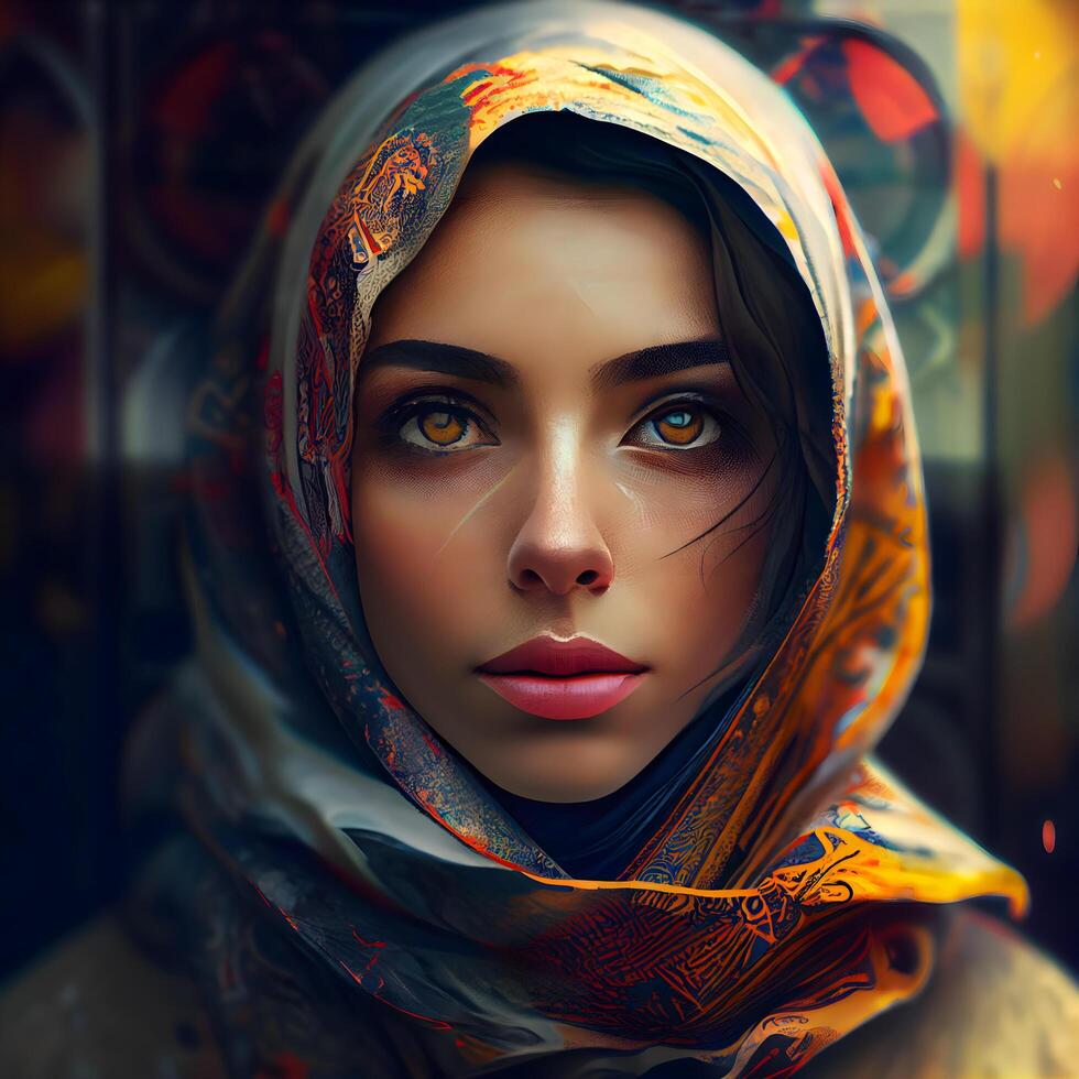 ritratto di un' bellissimo ragazza con luminosa rendere su nel un' foulard. foto