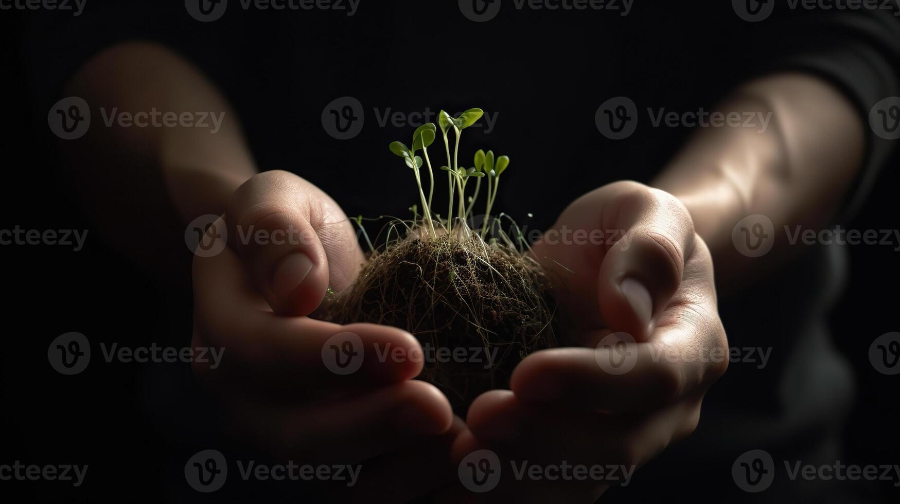 ai generativo. ai generativo. fotografia concetto di uomo Tenere terra con un' poco verde raggiante piantina quello è germogliare. foto di nuovo vita inizio ispirazione. grafico arte