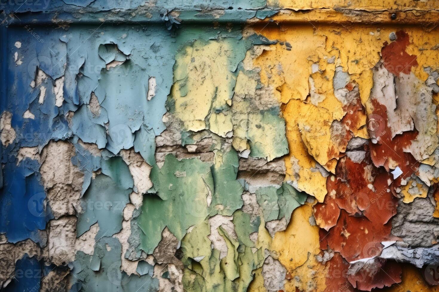 un vecchio parete sfondo con dipingere peeling nel diverso colori creato con generativo ai tecnologia. foto