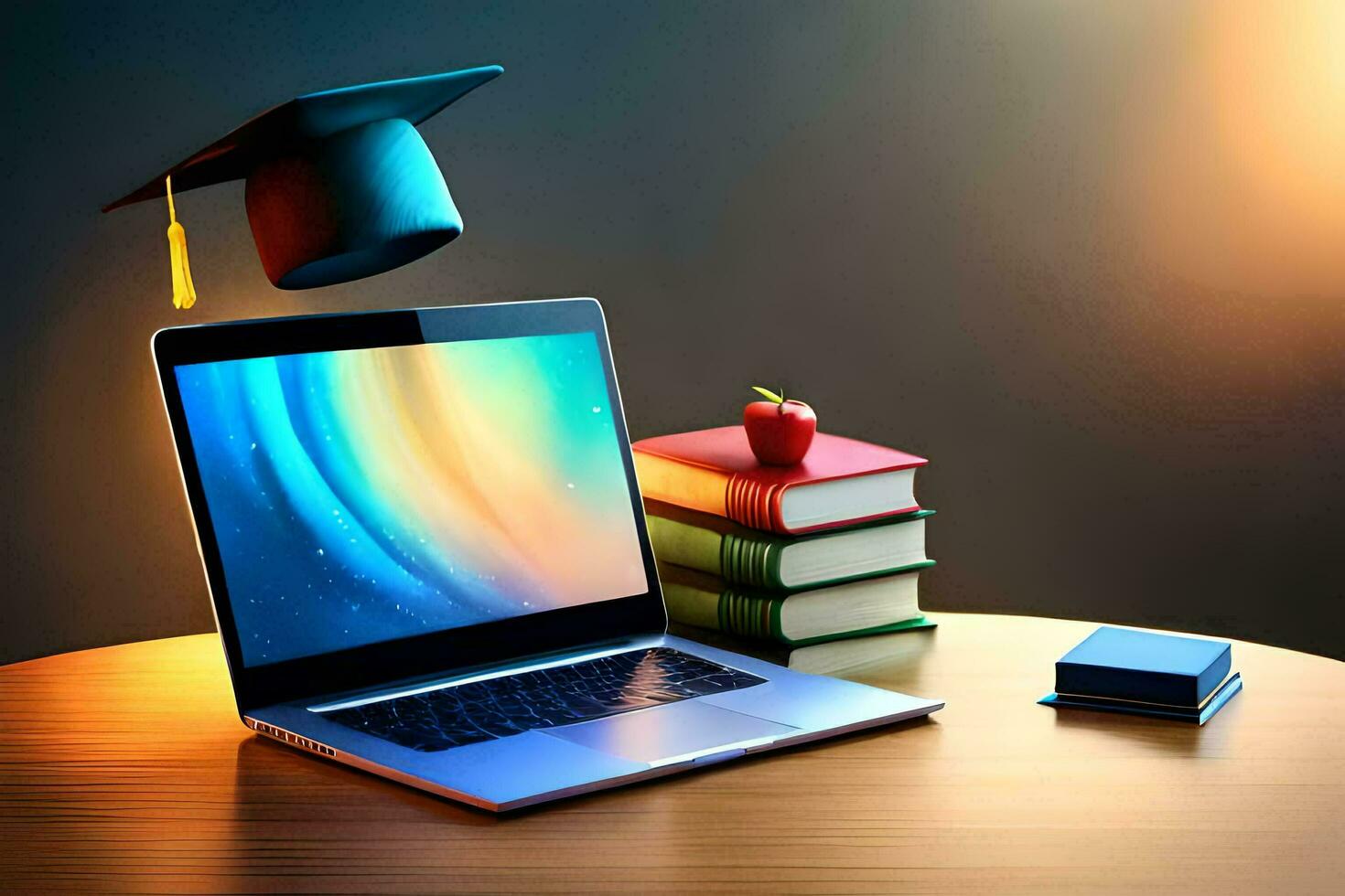 il computer portatile con la laurea berretto, libri e Mela su tavolo. formazione scolastica concetto ai creare foto