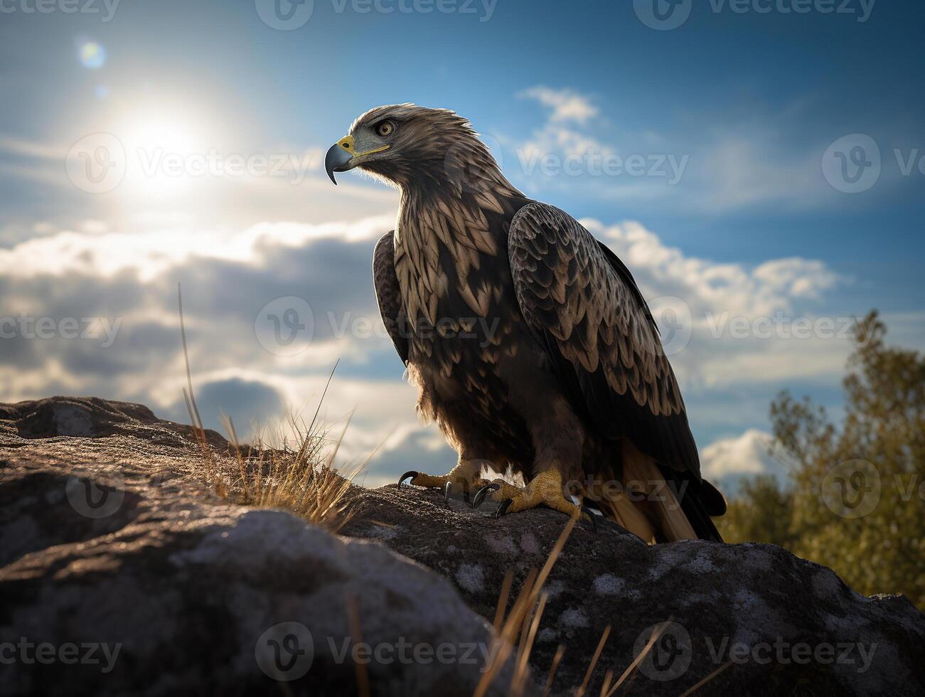 un aquila con d'oro piume e blu occhi in piedi su un' roccia, il sole dietro a il nuvole nel il blu cielo, ombra di il aquila su il terra, generativo ai foto