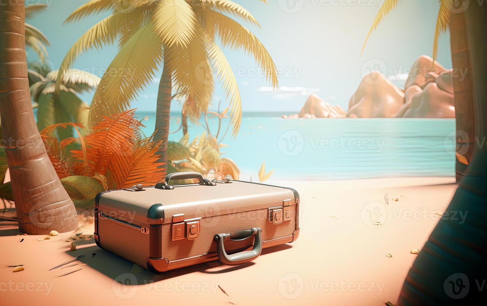 3d illustrazione design di un' estate spiaggia isola con un' valigia e copia spazio. viaggio vacanza concetto. generativo ai. foto
