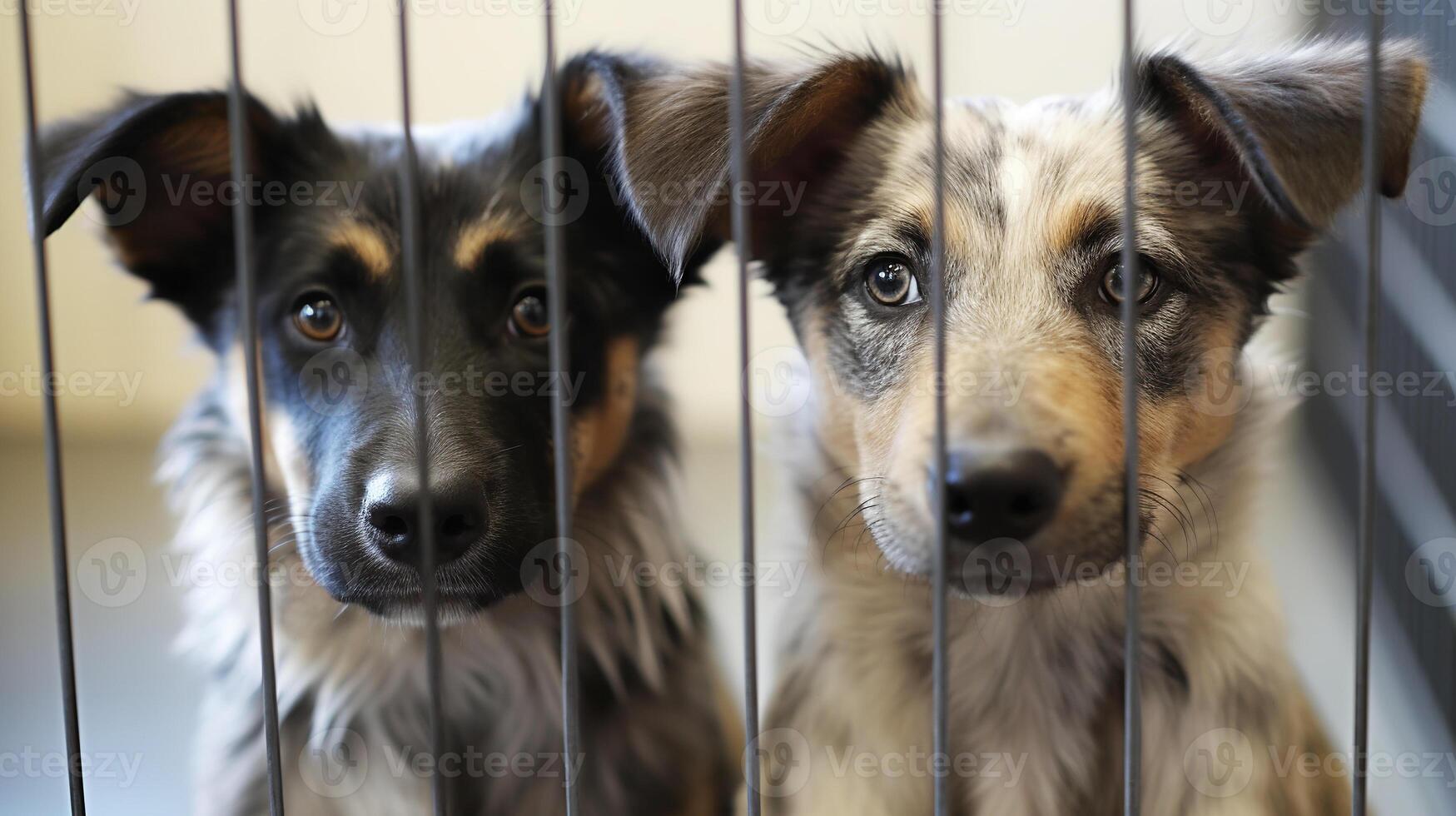 ai generato Due misto razza cuccioli o giovane cani seduta nel gabbia nel riparo animale domestico adozione concetto generativo ai foto