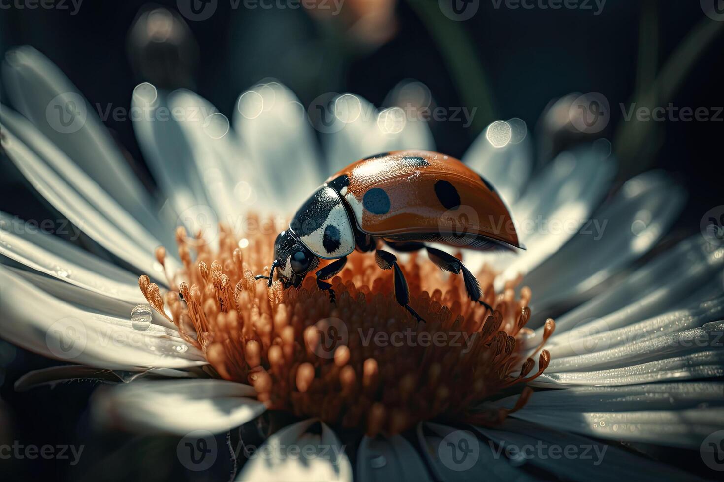 il coccinella si siede su un' fiore. macro sparo, vicino su. generativo ai foto