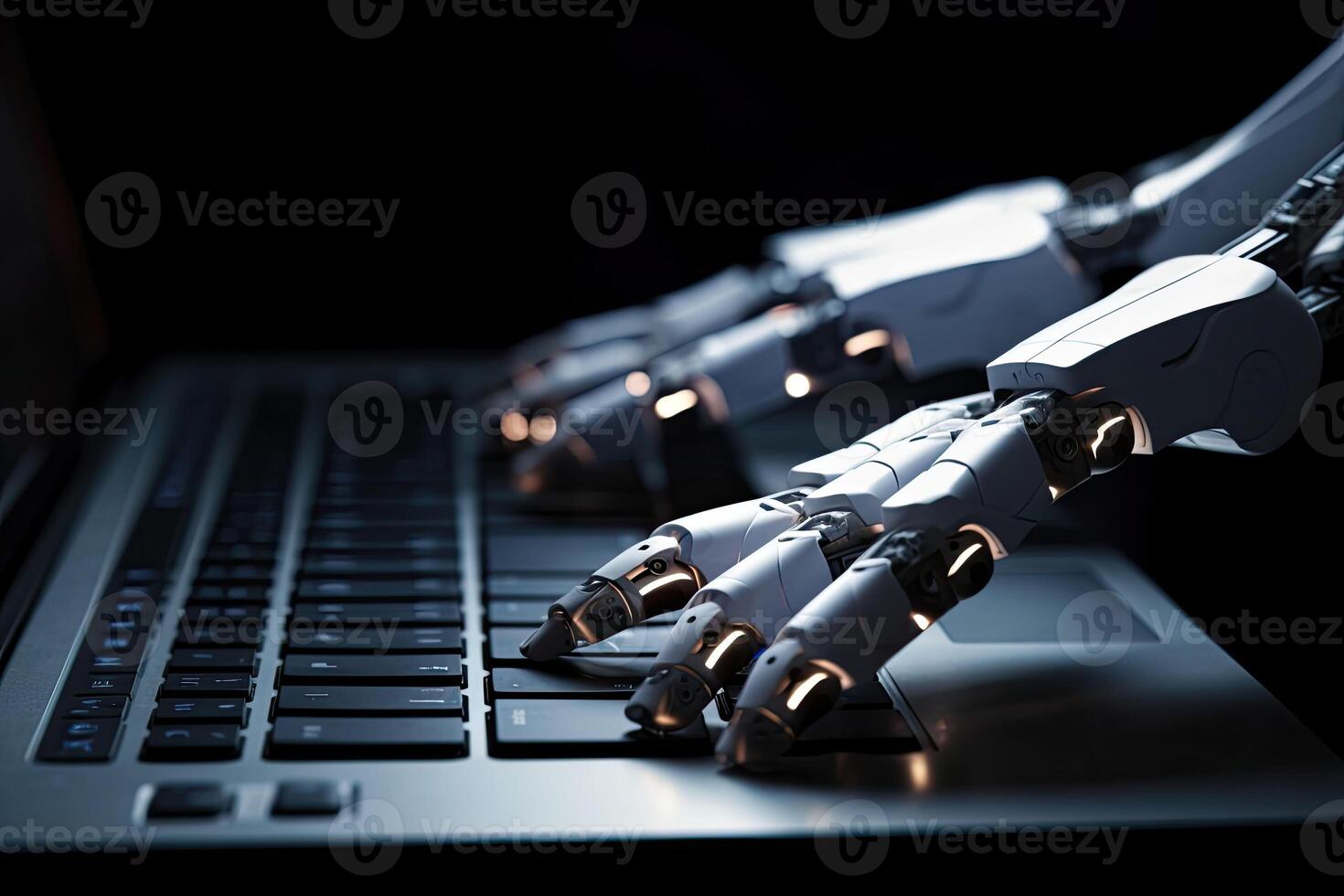 il robotica mano stampa un' tastiera su un' il computer portatile. chatbot robotica concetto. generativo ai foto