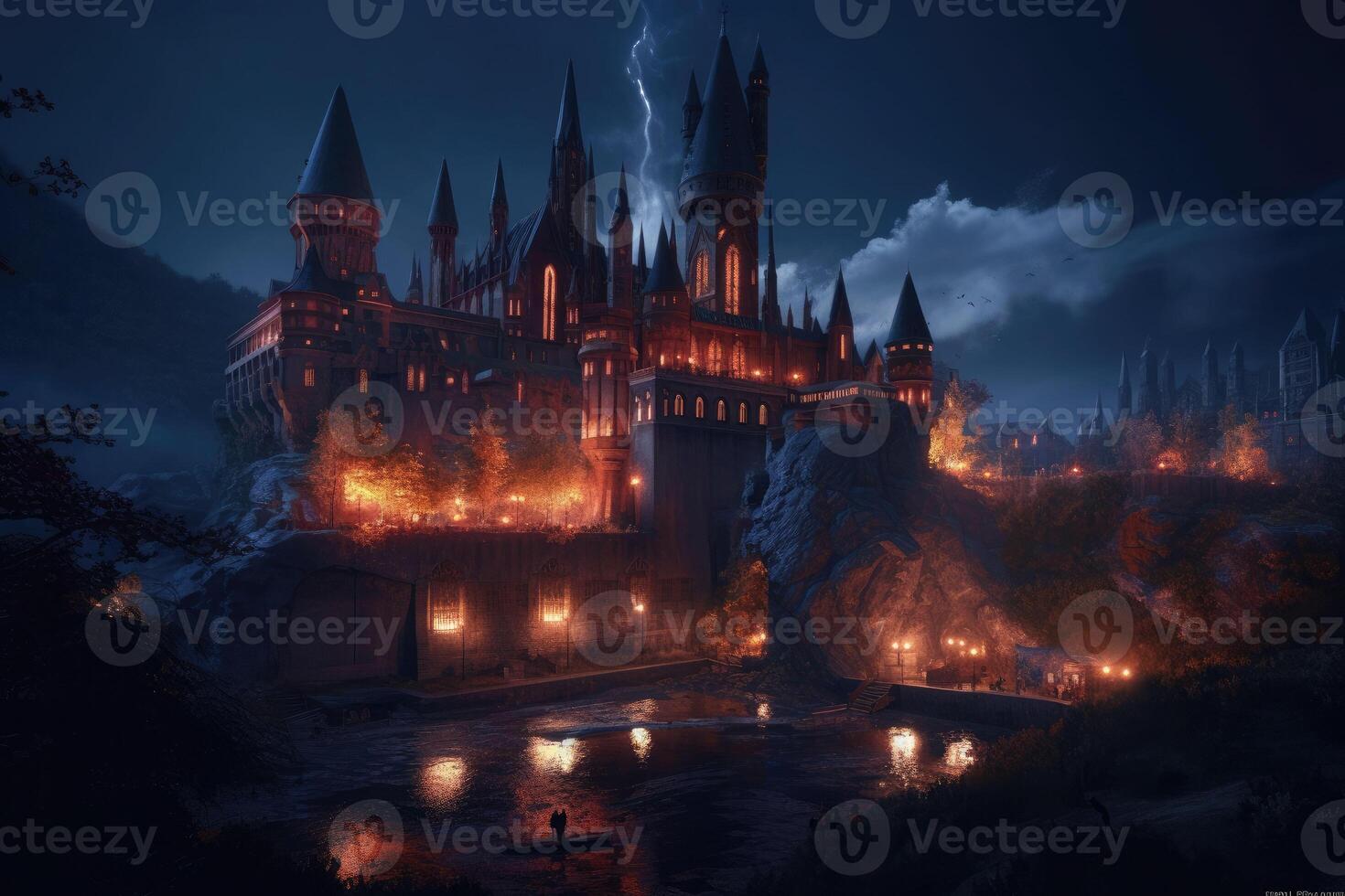 misterioso castello a piovoso notte. un imponente medievale castello impostato nel fantasia paesaggi o su un' montagna superiore. generativo ai foto