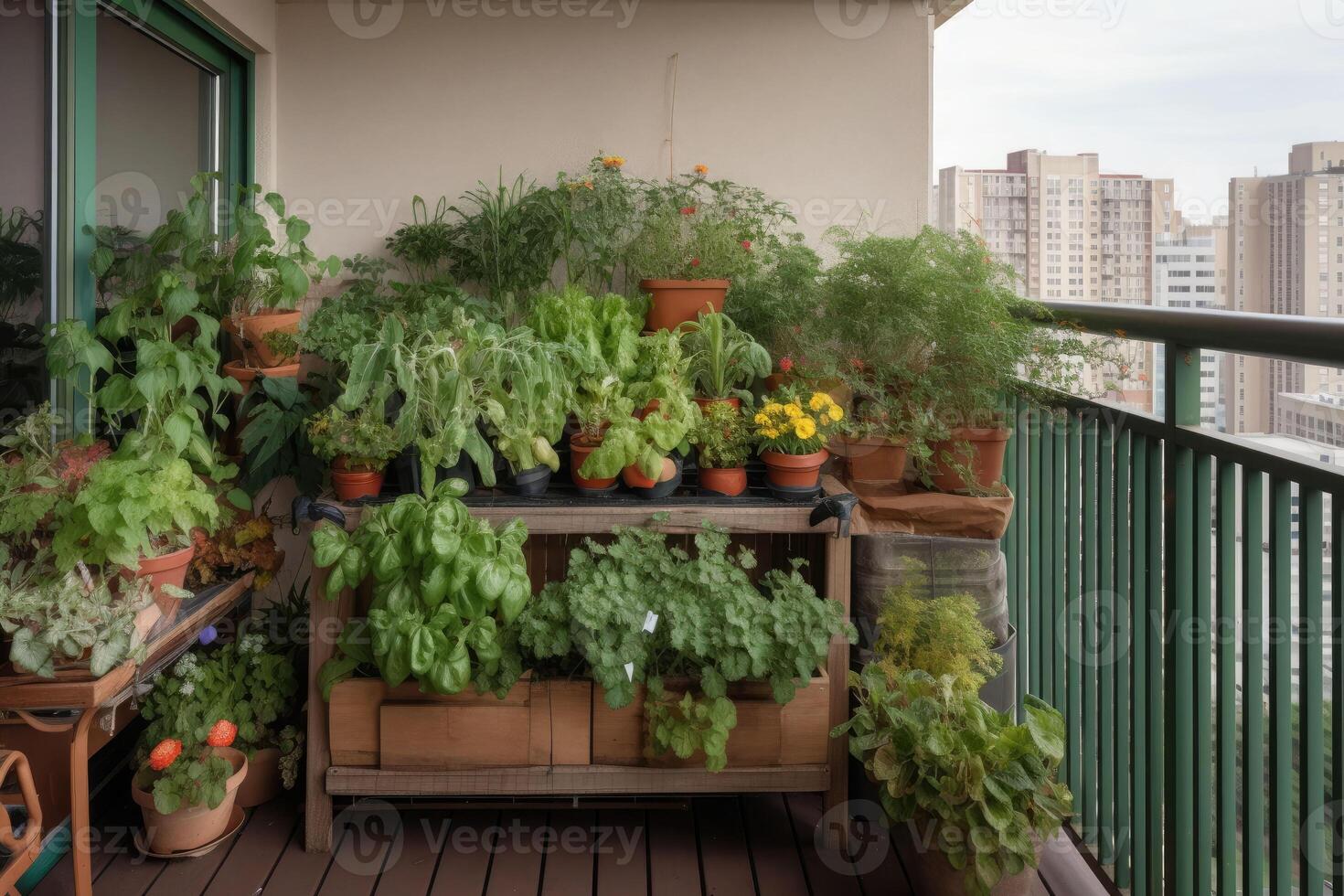 un' verdura e erba giardino su un' metropolitano appartamento balcone con impianti in crescita su il lati. generativo ai foto