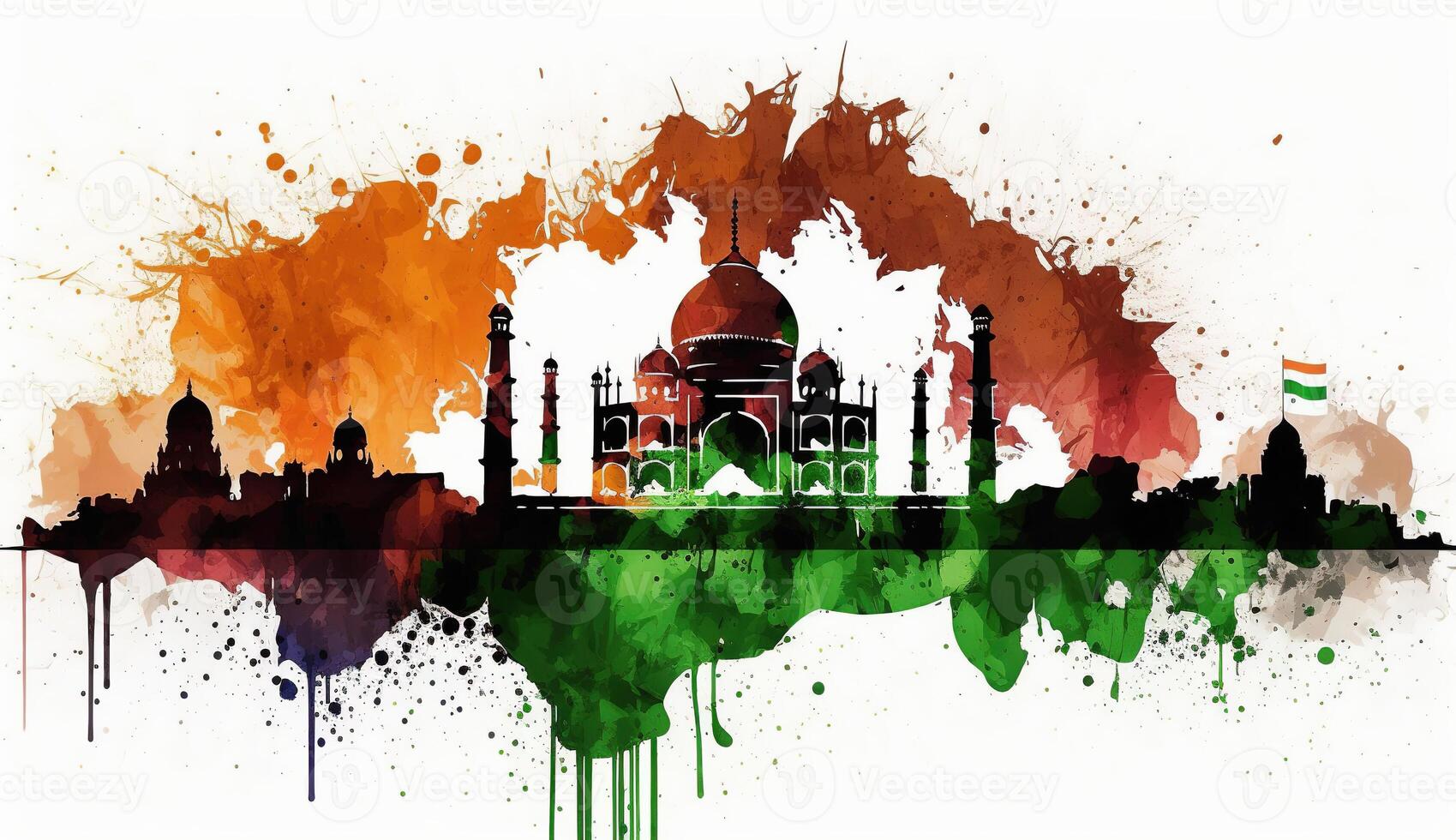 illustrazione di India cancello nel nuovo delhi su astratto bandiera tricolore sfondo. ai generato. foto
