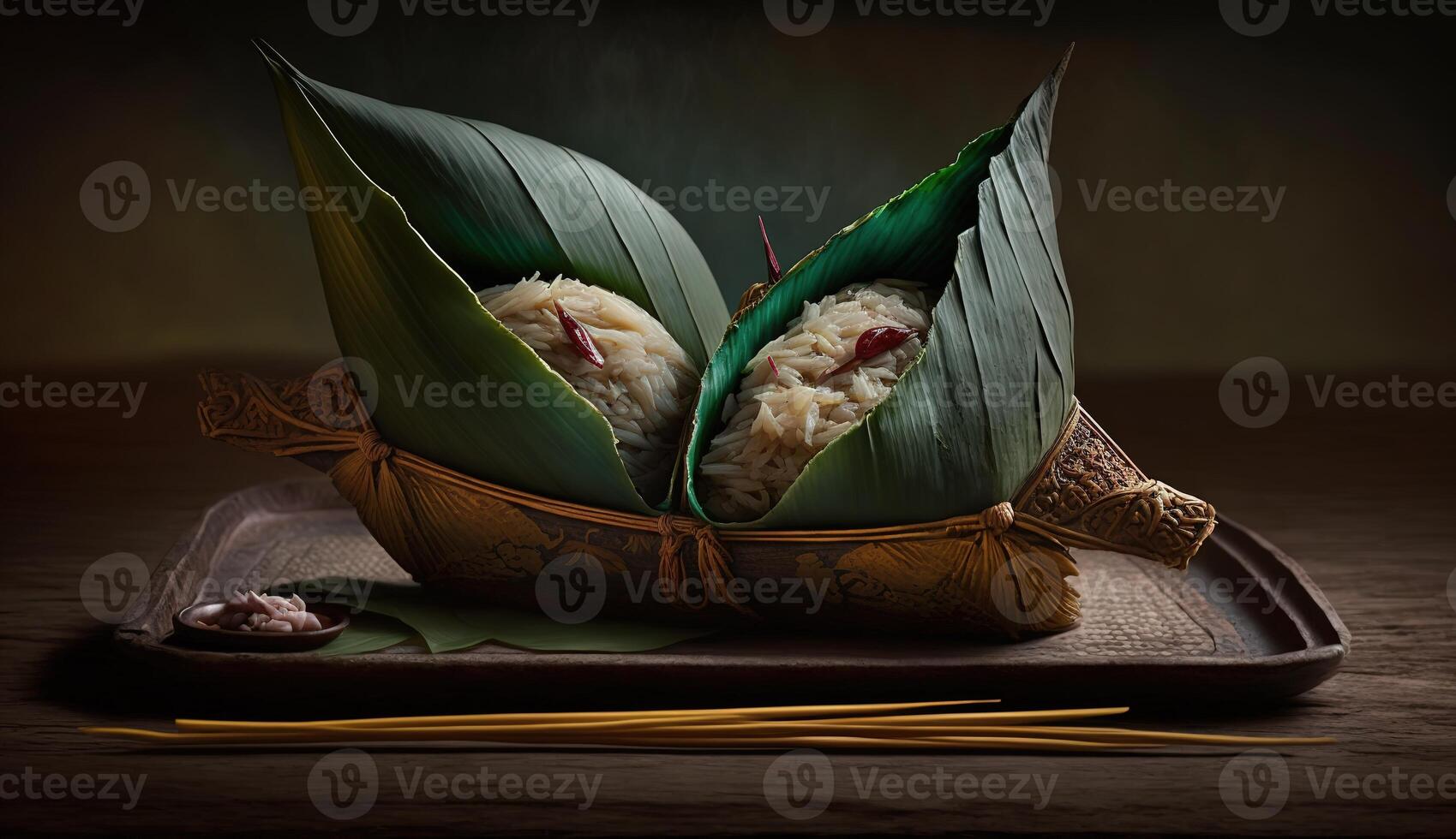 zongzi. riso gnocco per Cinese tradizionale Drago barca Festival Duanwu Festival. ai generato. foto