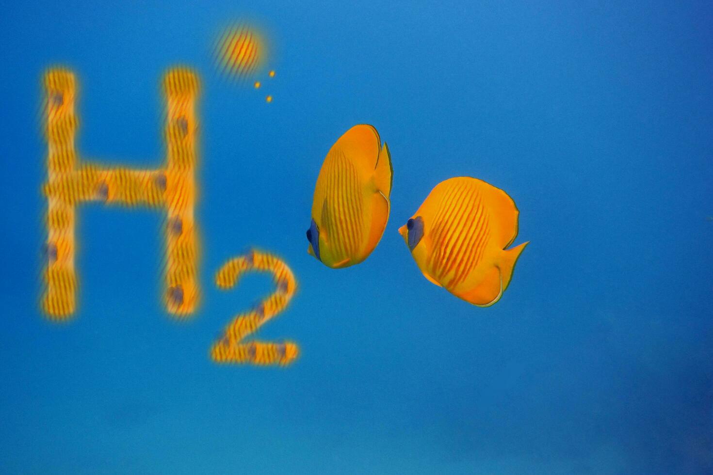 3d illustrazione puro energia arancia h2 idrogeno e Due arancia maschera farfalla nel blu mare acqua foto