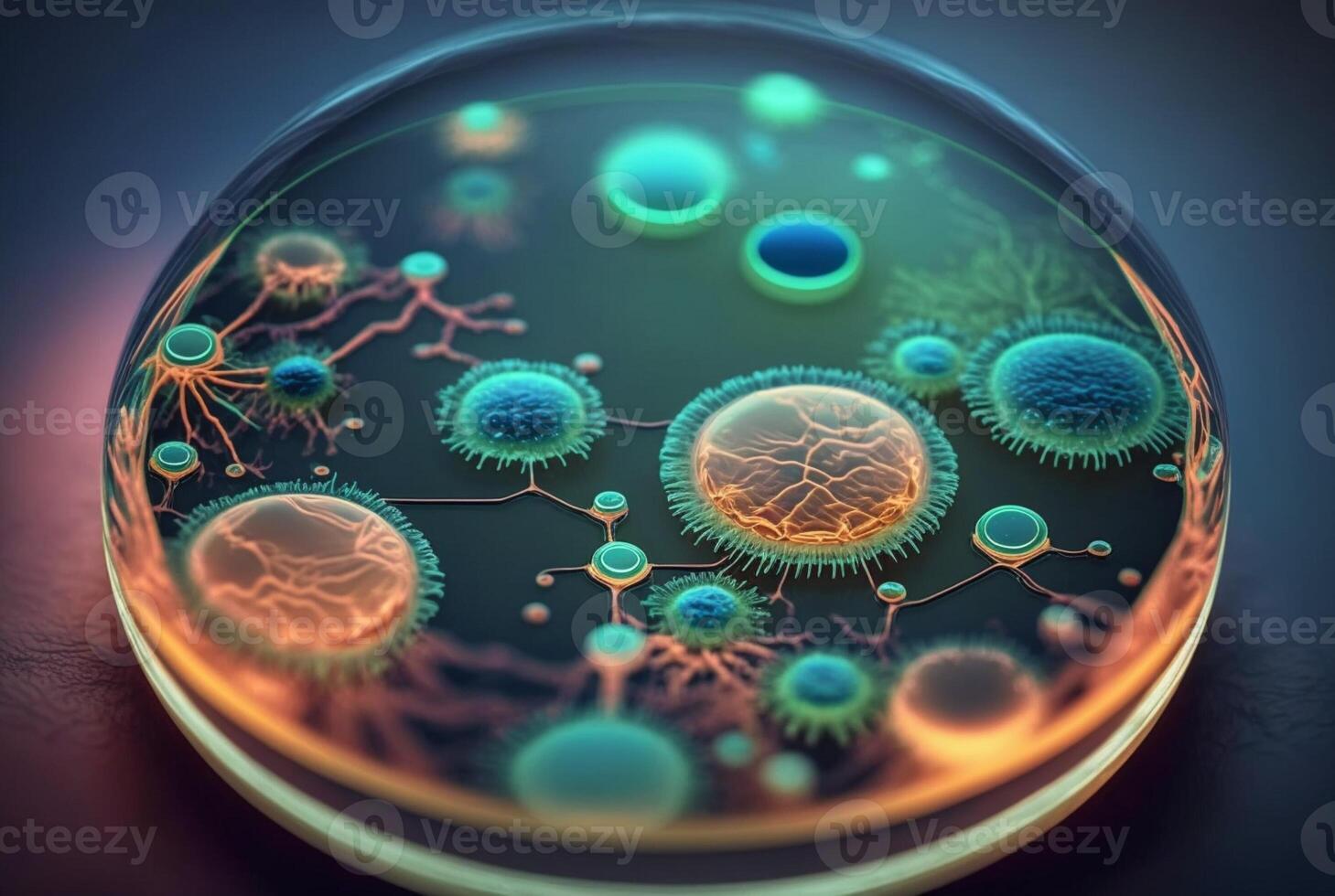 avvicinamento di batteri, con ingrandimento bicchiere nel il sfondo. generativo ai foto