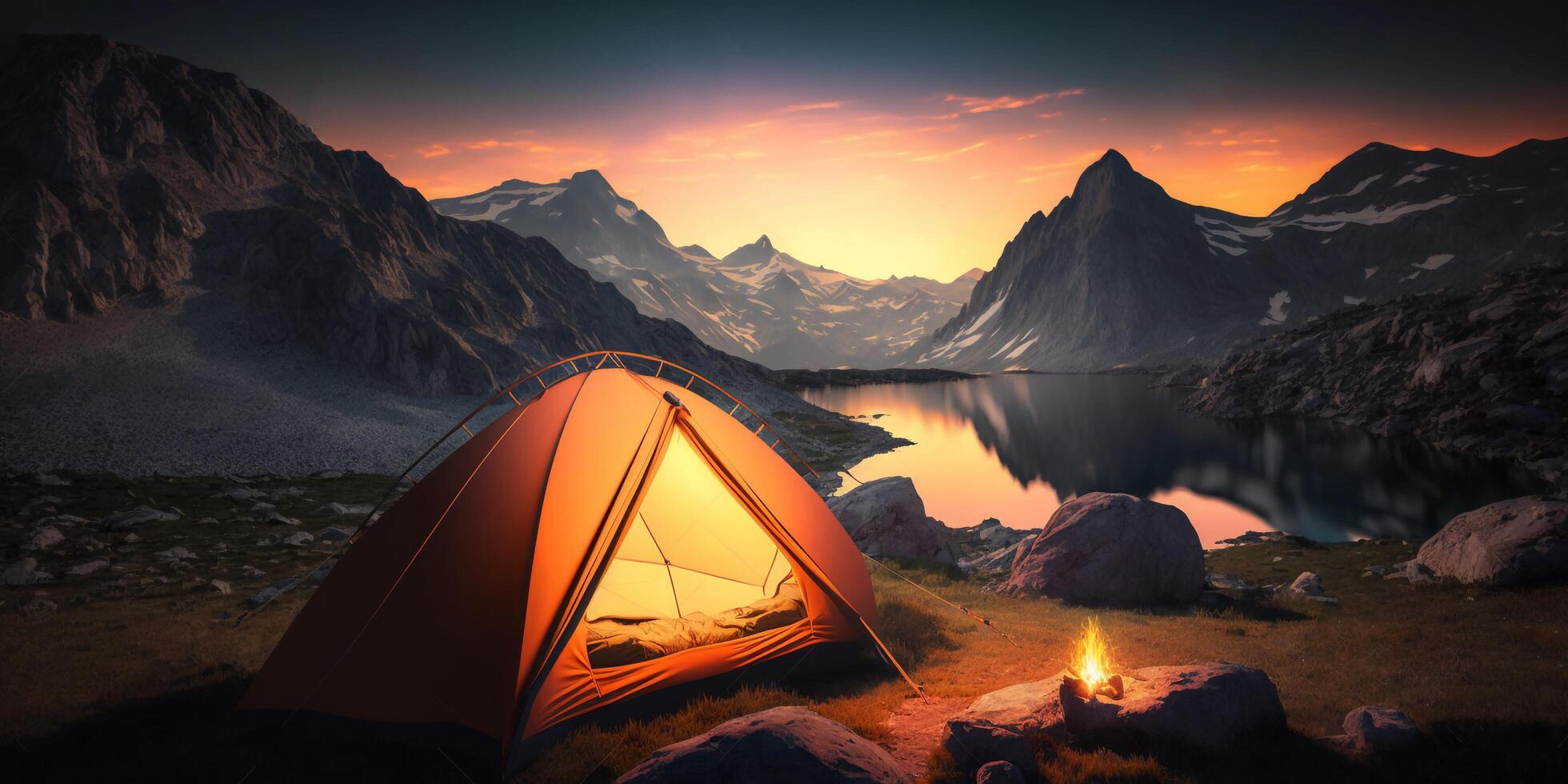 il turista campeggio tenda è su montagne a tramonto tempo con ai generato. foto