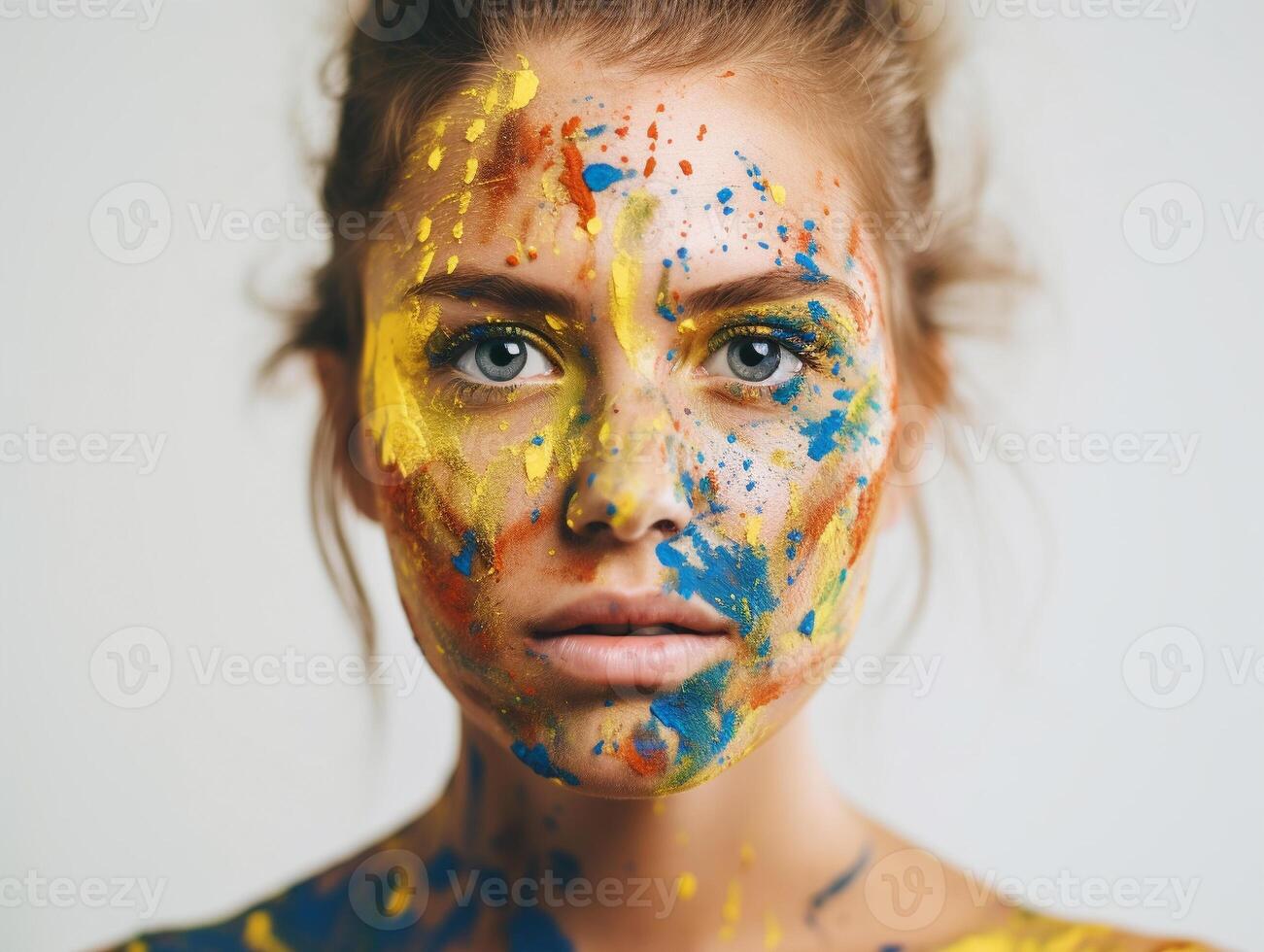 un' donna vernici sua viso creato con ai generato foto