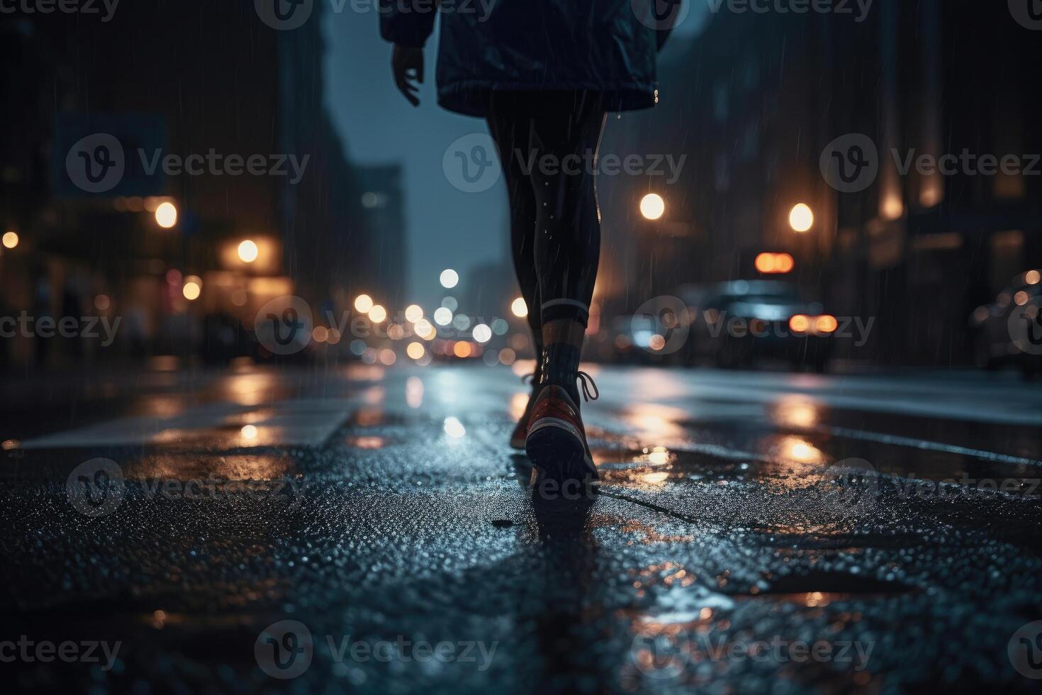 foto di un atleta jogging nel davanti di bokeh luci a notte nel il città. generativo ai