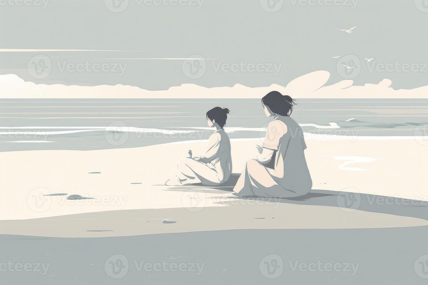 La madre di giorno illustrazione con un' minimalista stile quello vetrine un' madre e bambino godendo un' tranquillo, calmo giorno a il spiaggia. morbido, smorzato toni. generativo ai foto