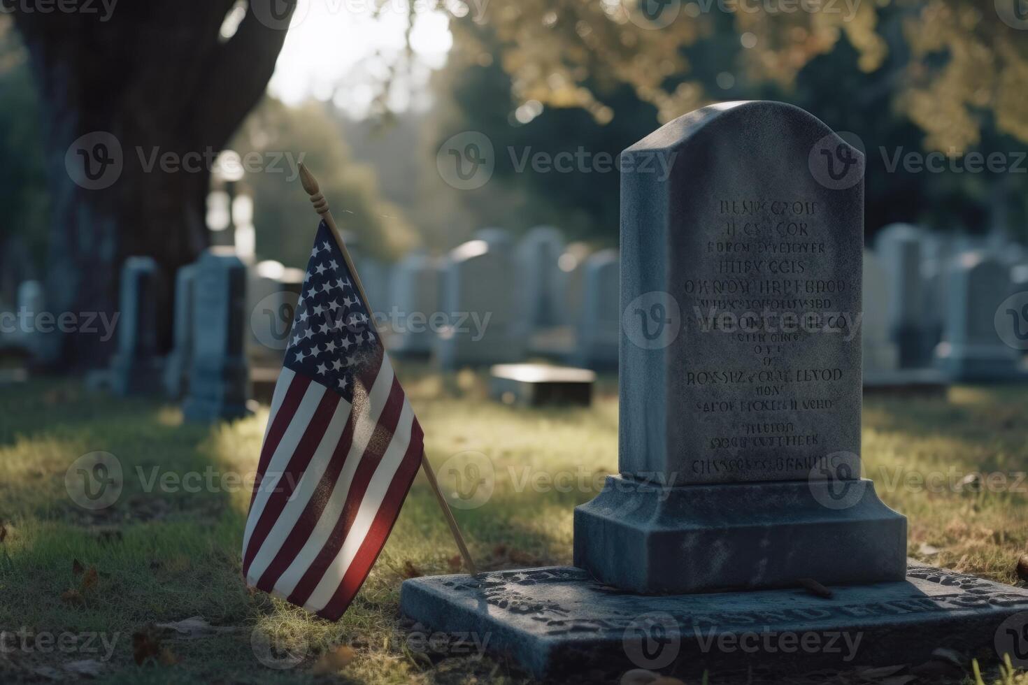 memoriale giorno foto con americano bandiere nel il cimitero. generativo ai