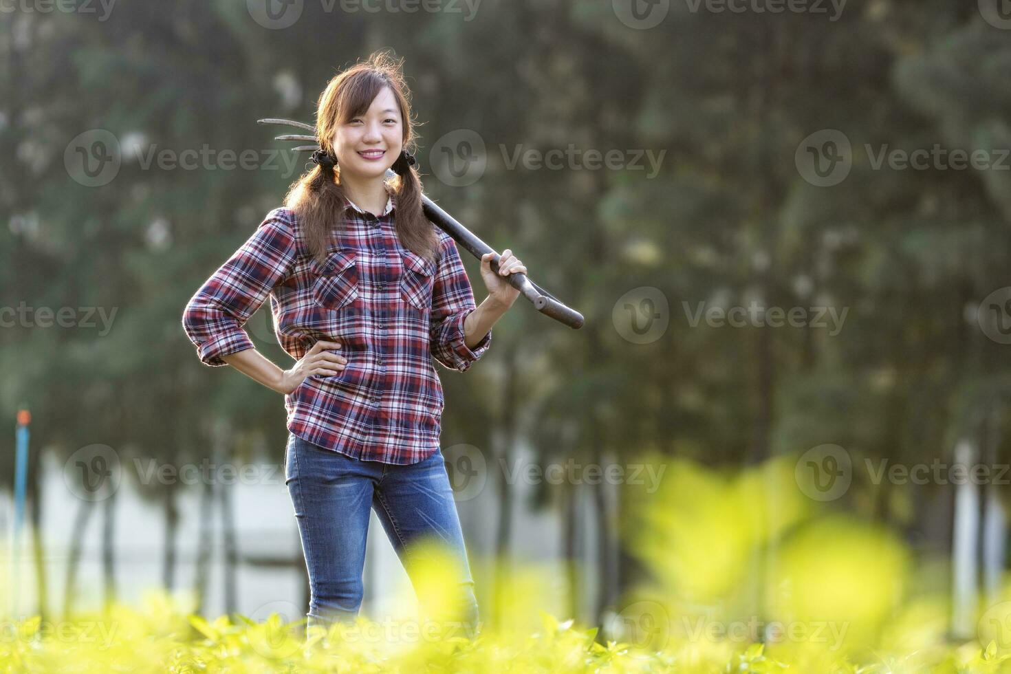 ritratto di asiatico donna contadino è trasporto giardino forchetta mentre in piedi nel sua campagna verdure azienda agricola durante primavera stagione per salutare dieta cibo concetto. foto