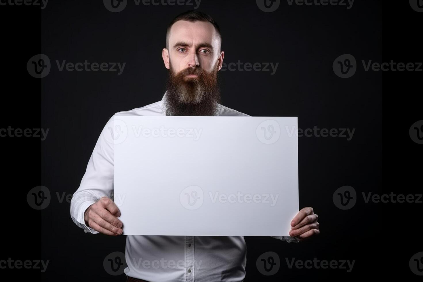ai generativo un' uomo detiene un' vuoto bianca cartello tavola modello nel il suo mano foto
