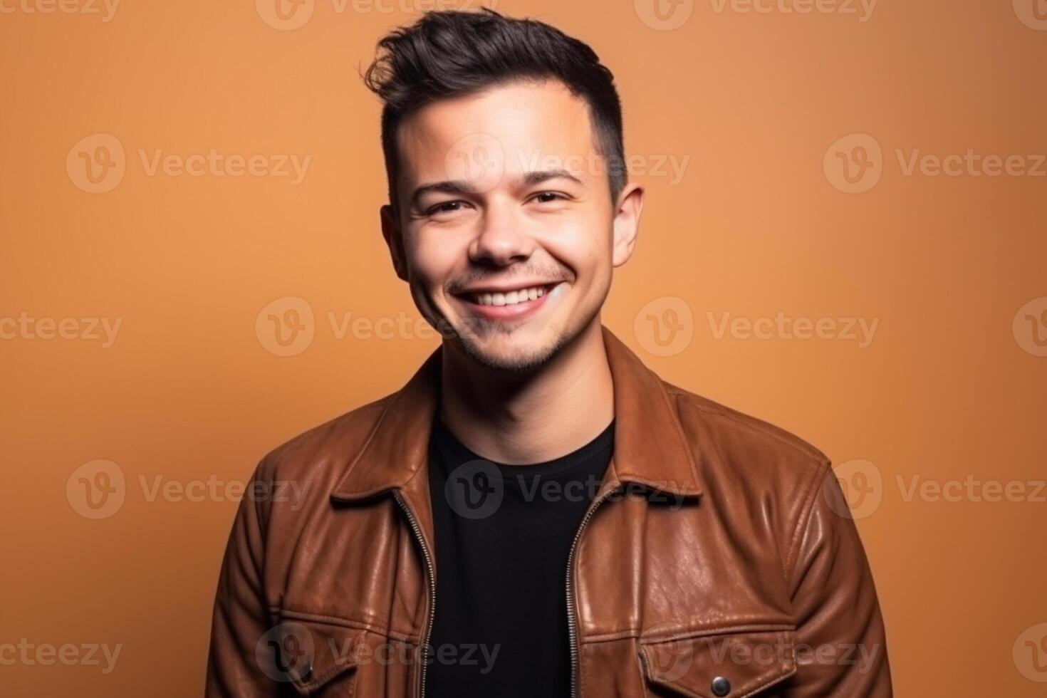 ai generativo un' uomo su solido colore sfondo con un' Sorridi facciale espressione foto