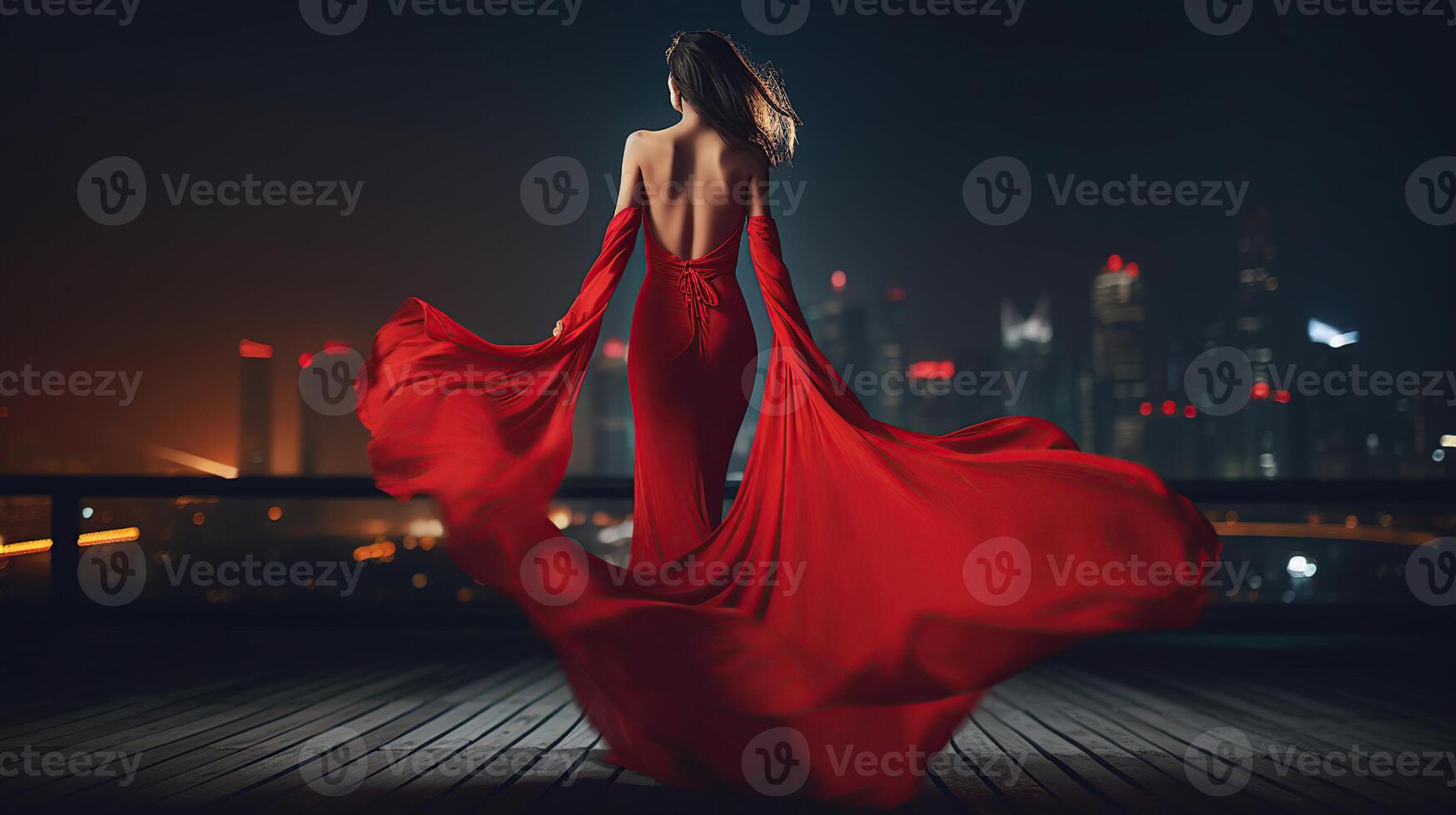 moda donna nel rosso svolazzanti vestito indietro lato posteriore Visualizza. fascino modello danza con lungo seta tessuto volante su vento al di sopra di notte cielo città leggero paesaggio, generativo ai foto