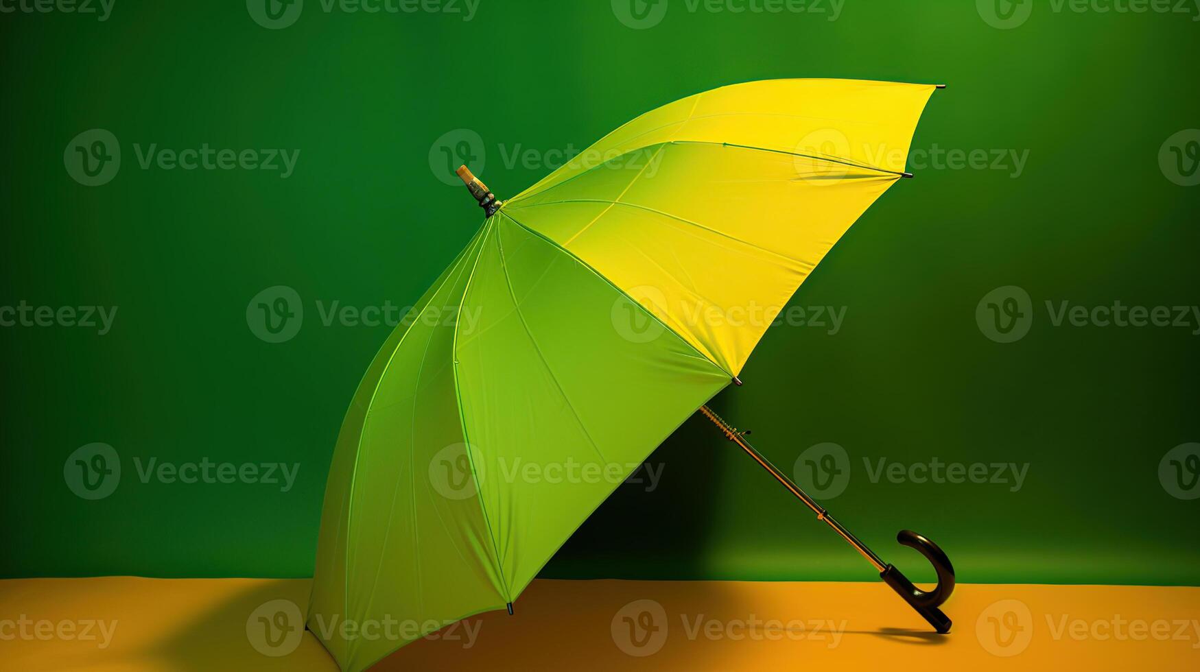 elegante Aperto giallo ombrello su verde sfondo, generativo ai foto