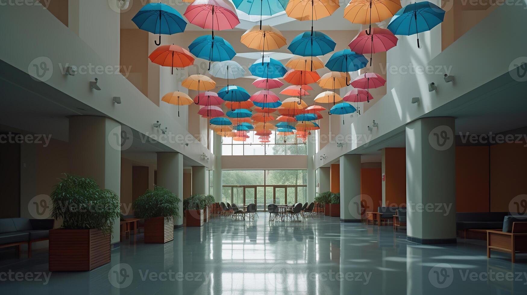 elegante interno di moderno sala con colorato gli ombrelli, generativo ai foto