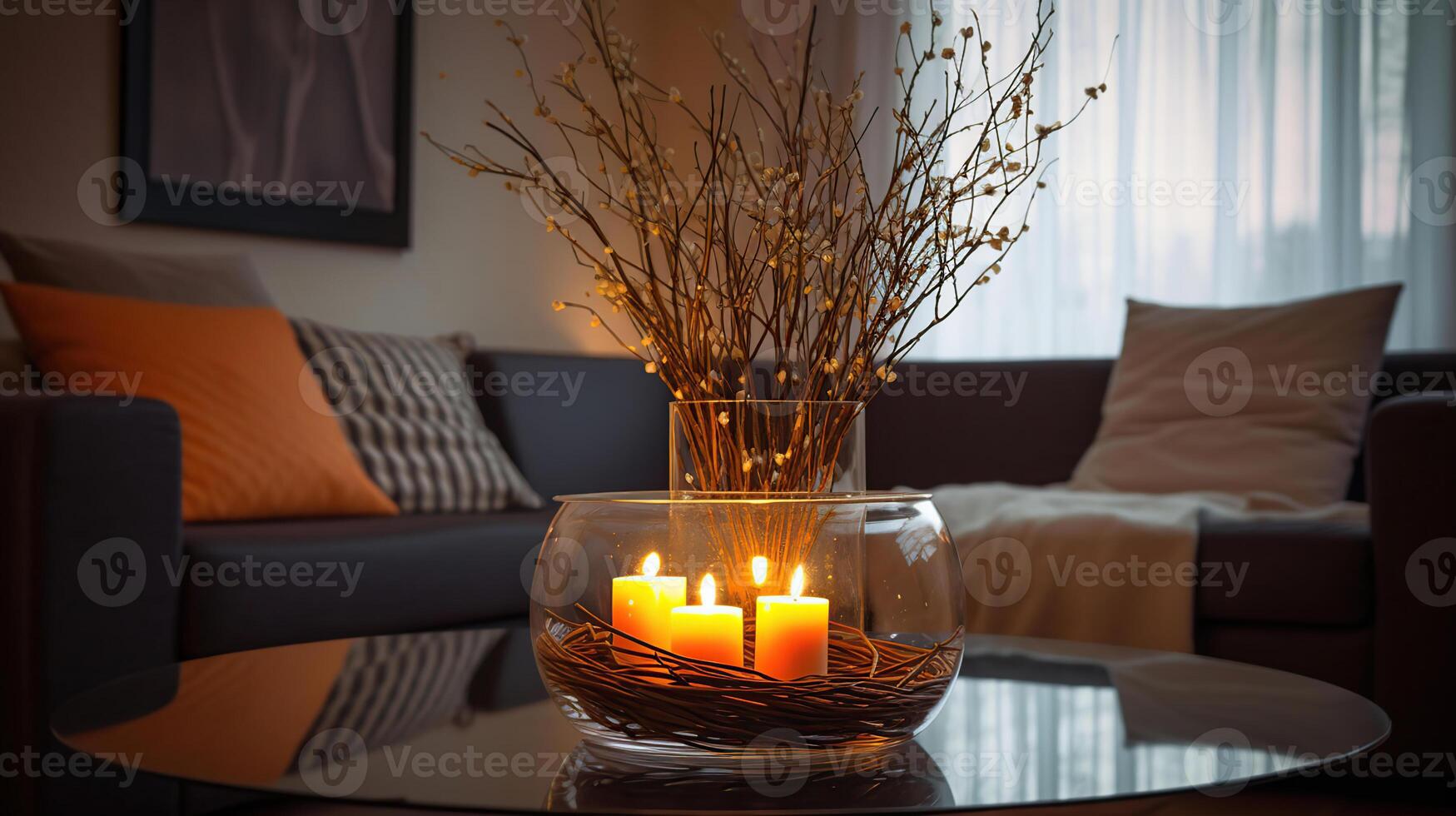 elegante leggero camera interno con confortevole divano e ardente candele e salice, generativo ai foto