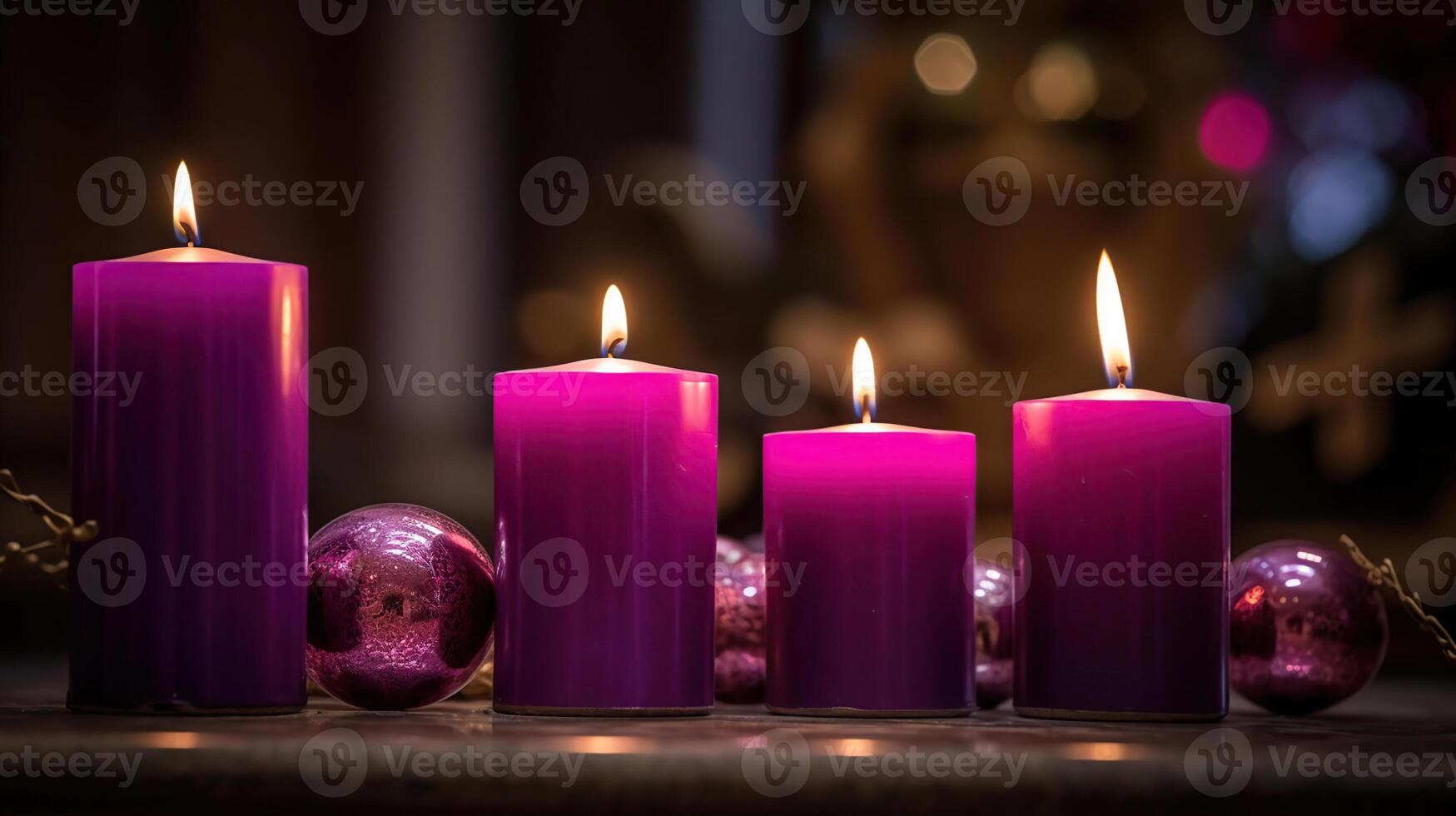 Avvento candele nel Chiesa - tre viola e uno rosa come un' cattolico simbolo, generativo ai foto