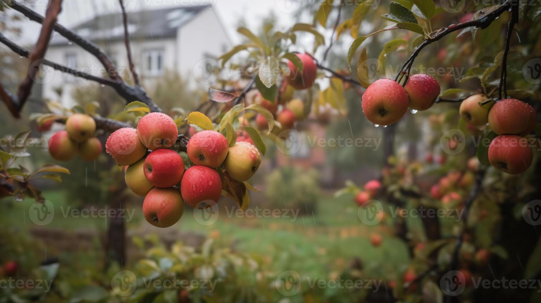 rosso mele su un' albero. è pioggia fotografato giardino, generativo ai foto