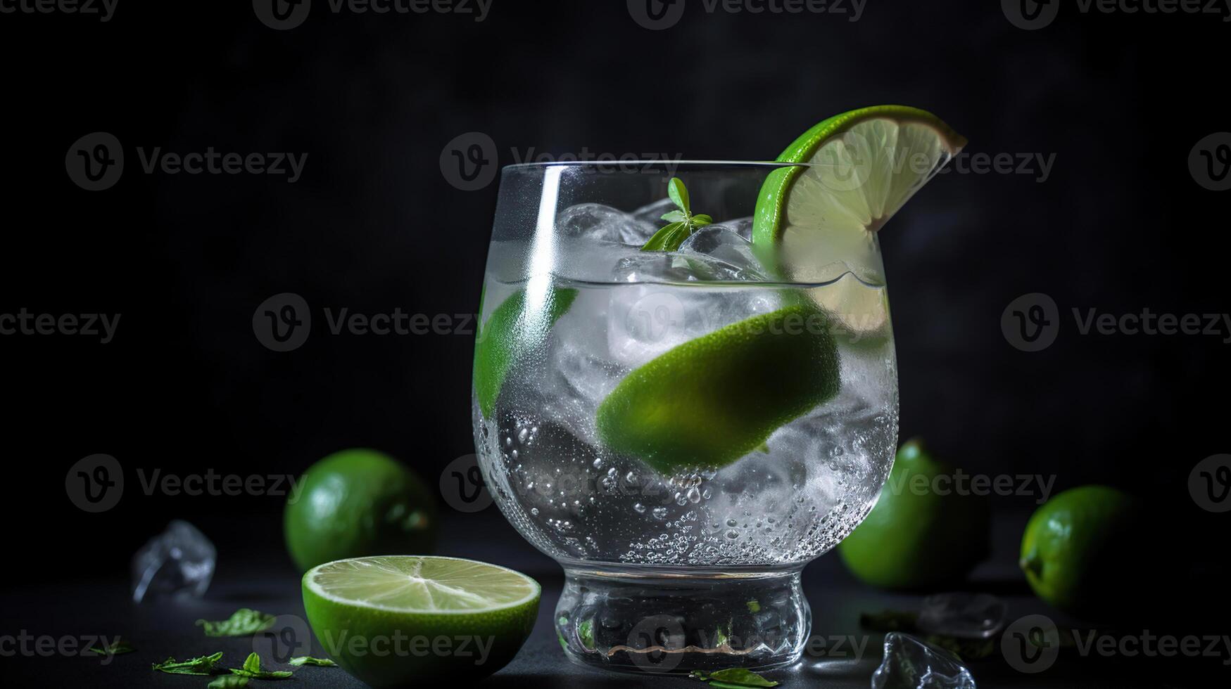 freddo cocktail con lime, Tonico, Vodka e ghiaccio su nero sfondo, generativo ai foto