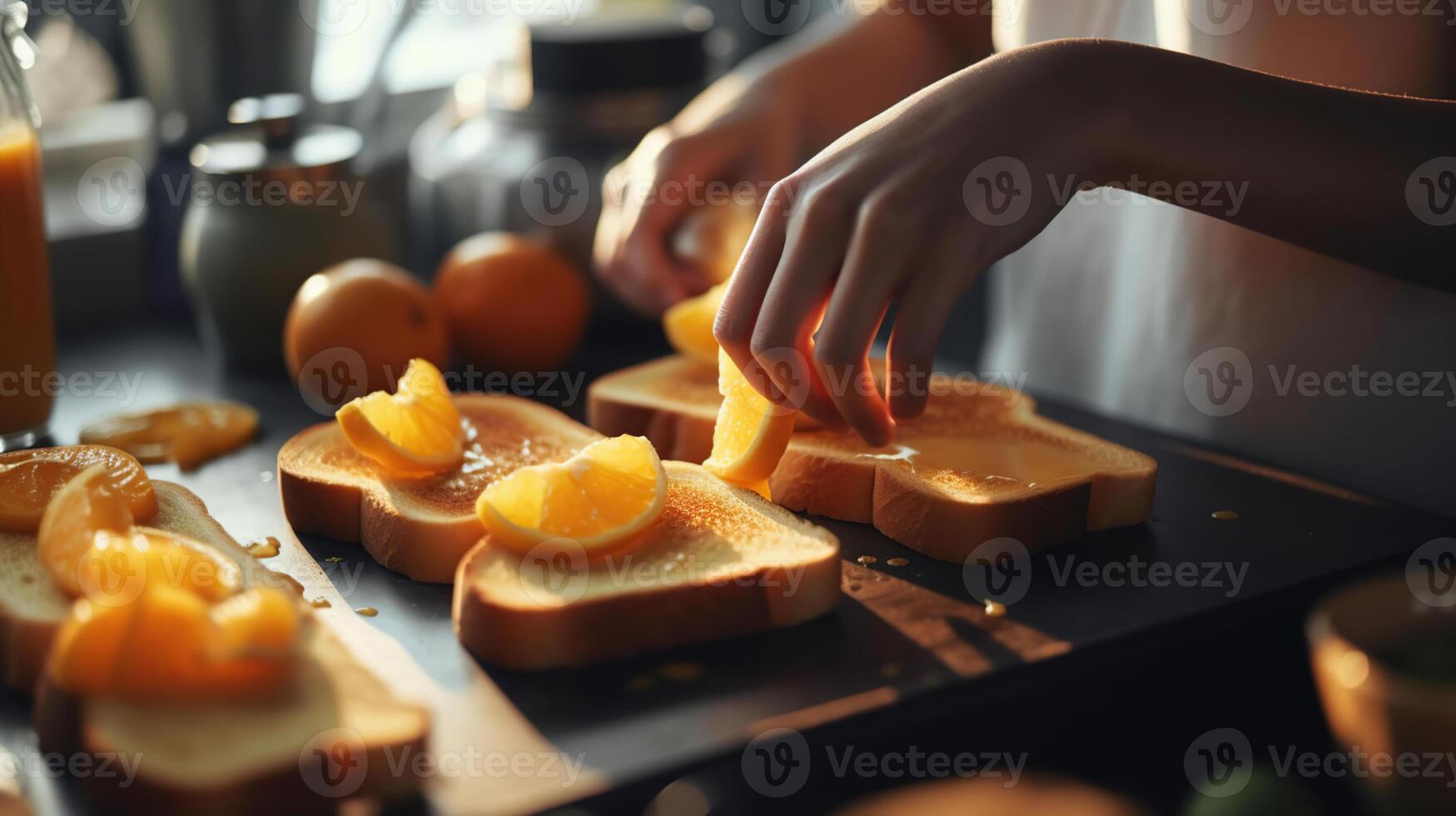 bellissimo giovane donna fabbricazione gustoso toast nel cucina, avvicinamento, generativo ai foto