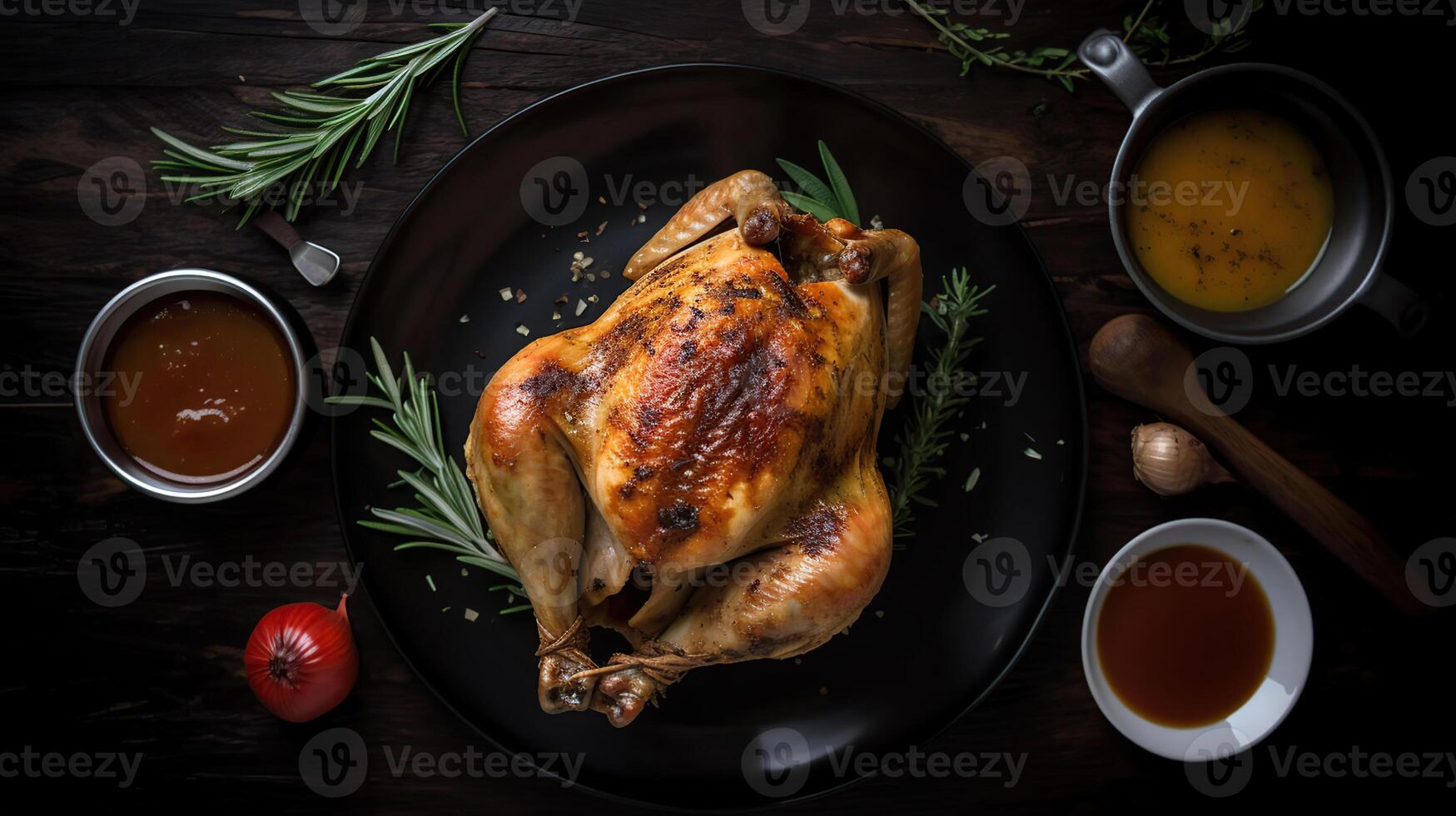 arrostito pollo con rosmarino servito su nero piatto con salse su di legno tavolo, generativo ai foto