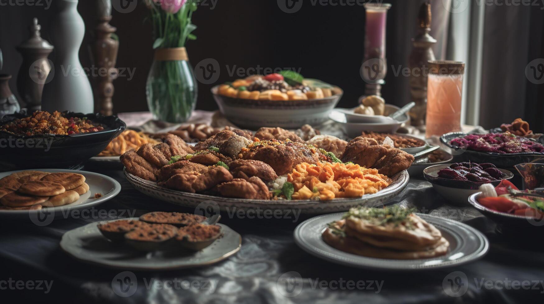 tradizionale orientale piatti su tavolo. celebrazione di eid al-fitr, generativo ai foto