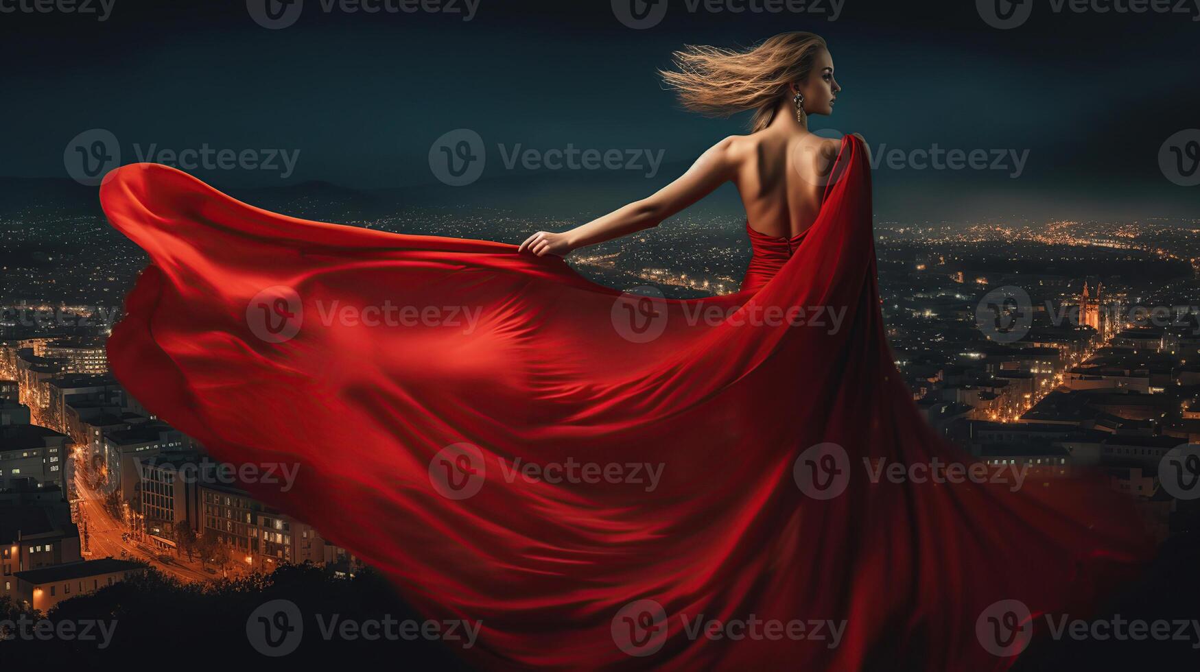 moda donna nel rosso svolazzanti vestito indietro lato posteriore Visualizza. fascino modello danza con lungo seta tessuto volante su vento al di sopra di notte cielo città leggero paesaggio, generativo ai foto