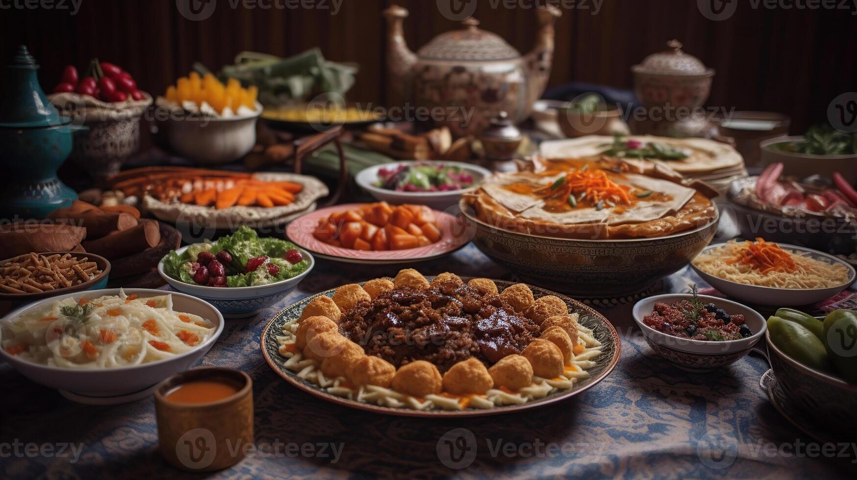 tradizionale orientale piatti su tavolo. celebrazione di eid al-fitr, eid adha, generativo ai foto