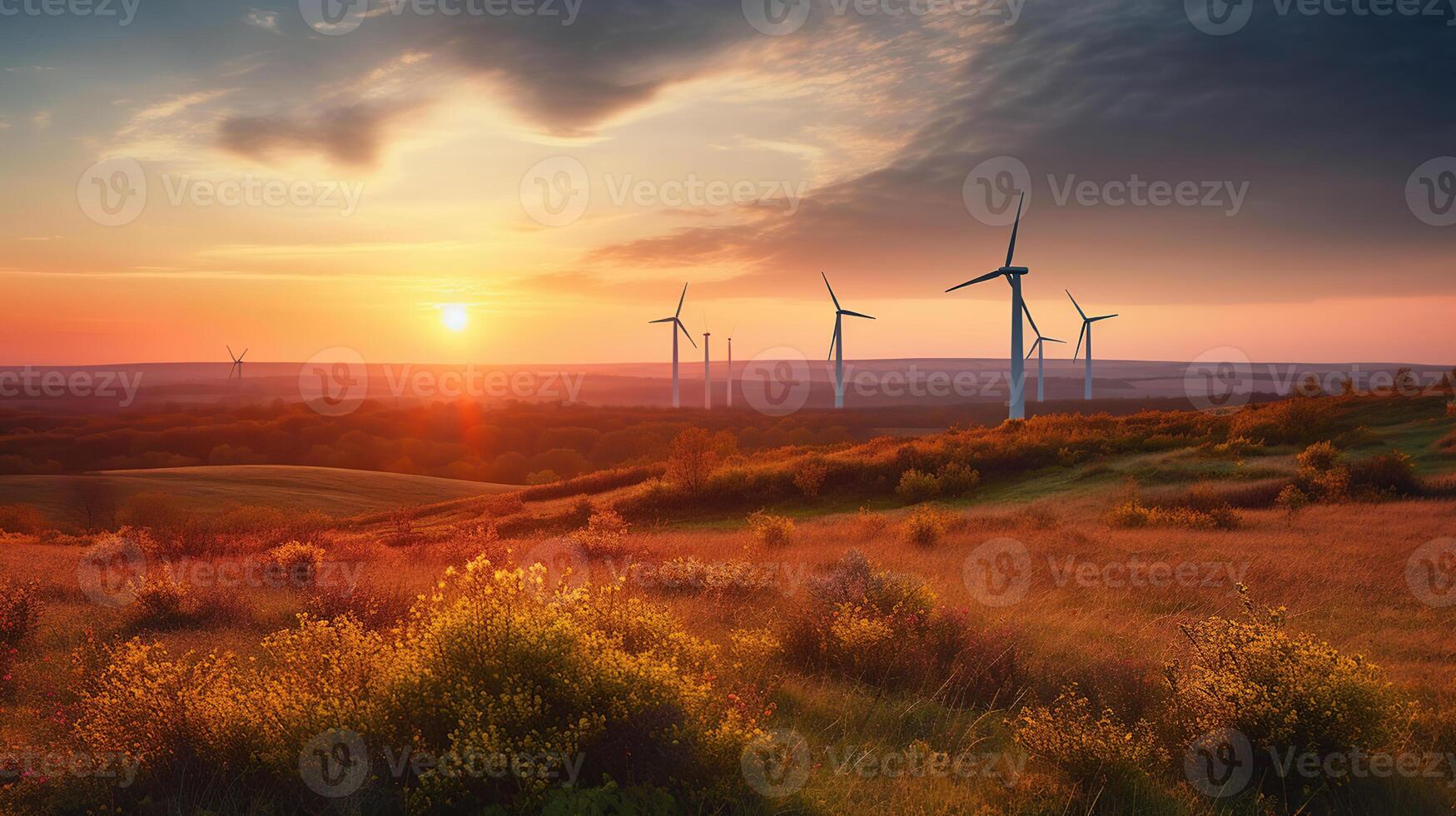 vento turbine nel rurale paesaggio a tramonto, generativo ai foto