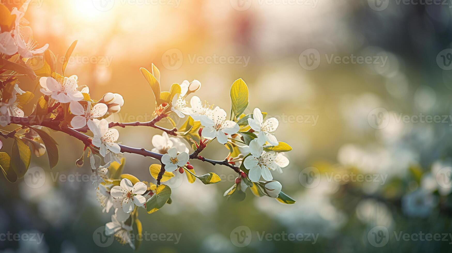 primavera fiorire sfondo. bellissimo natura scena con fioritura albero e sole bagliore. soleggiato giorno. primavera fiori. bellissimo frutteto. astratto sfocato sfondo, generativo ai foto