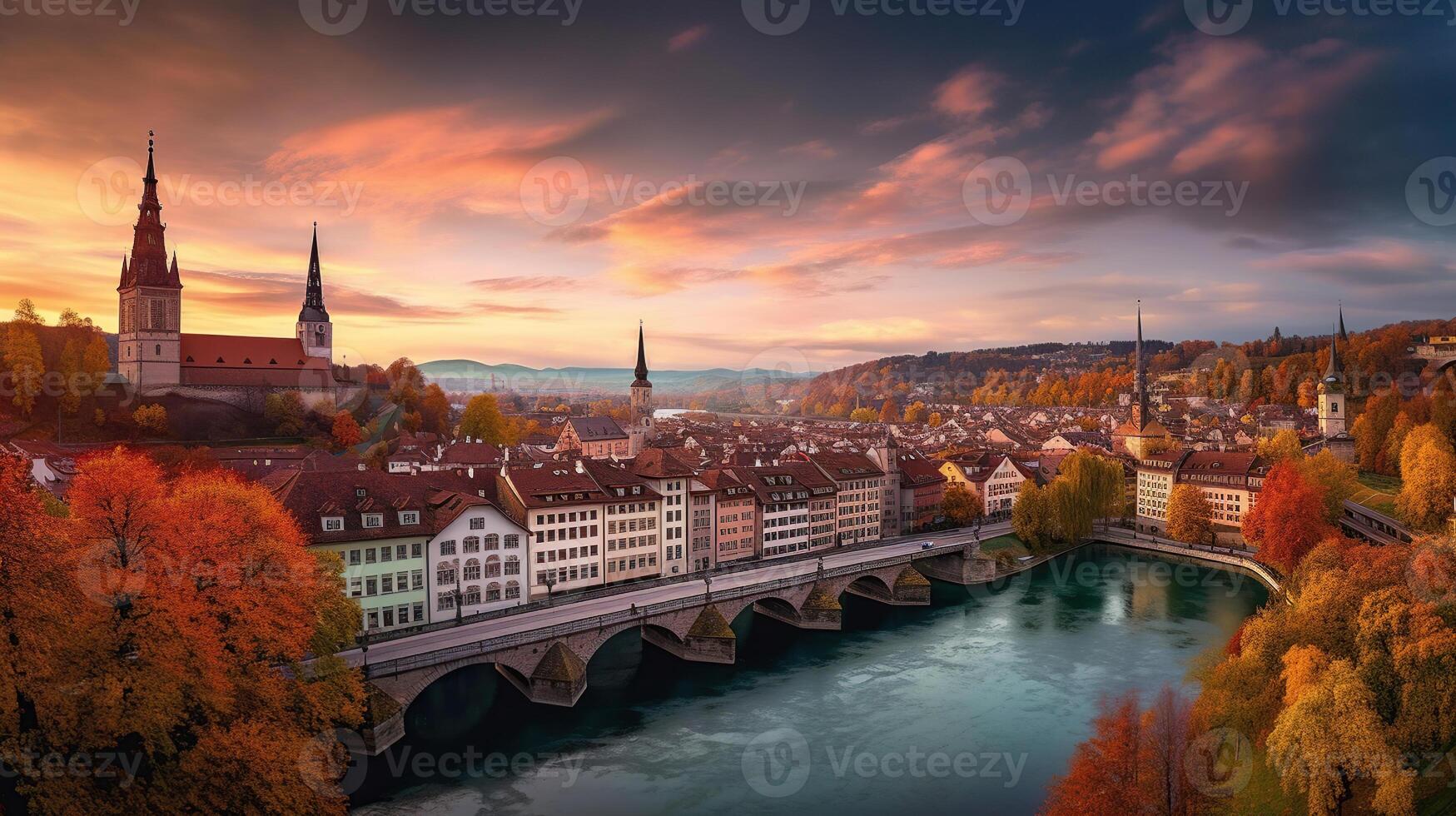 incredibile vivido paesaggio urbano. panoramico Visualizza storico vecchio cittadina con colorato cielo, con drammatico tramonto, generativo ai foto