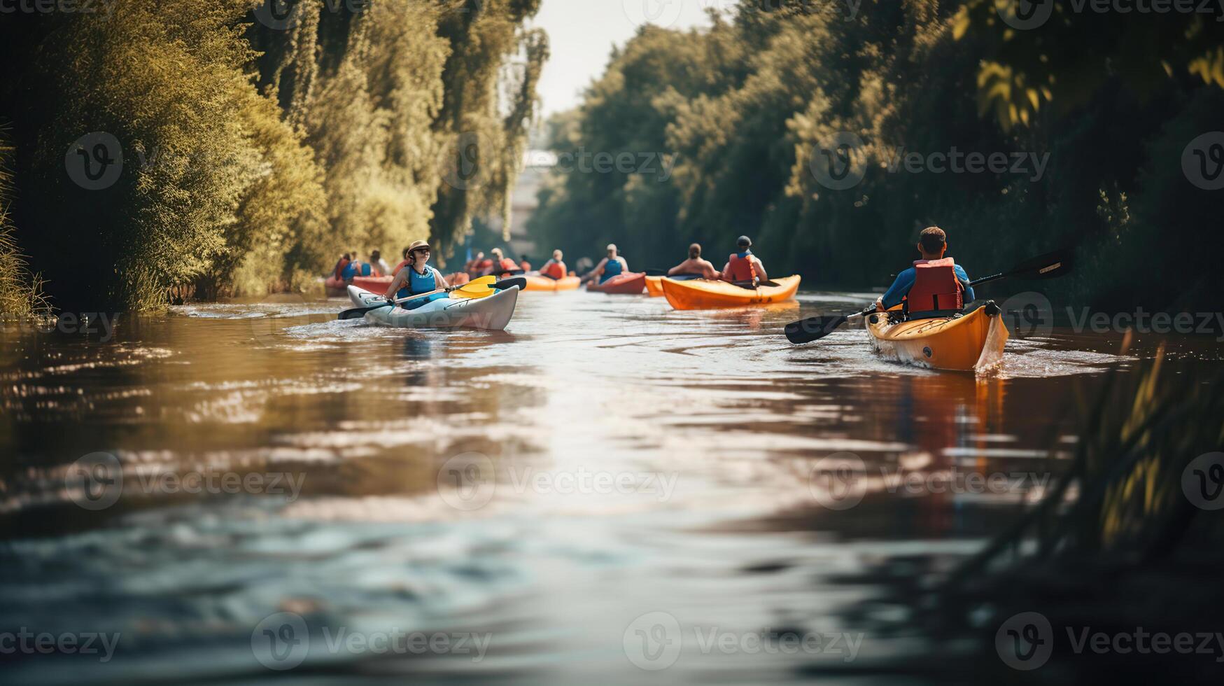 kayak su il fiume. attivo ricreazione nel il Aperto aria. all'aperto estate vacanze. vacanza viaggio attività. scoprire il bellezza di terra, generativo ai foto