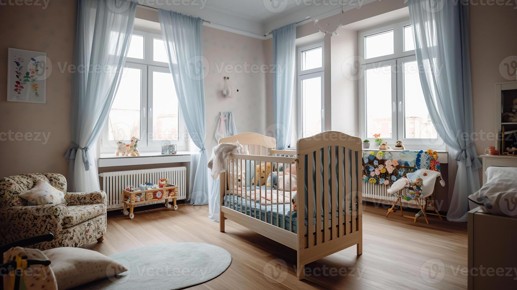 moderno camera interno con grande letto e confortevole bambino culla, generativo ai foto