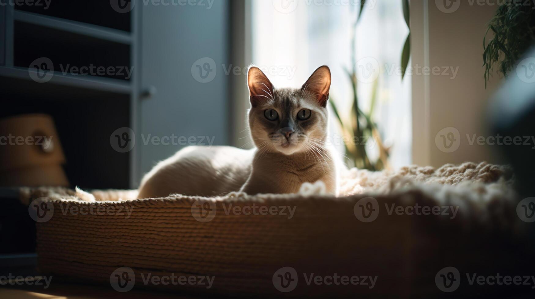 interno di leggero vivente camera con carino gatto dire bugie nel animale domestico letto, generativo ai foto