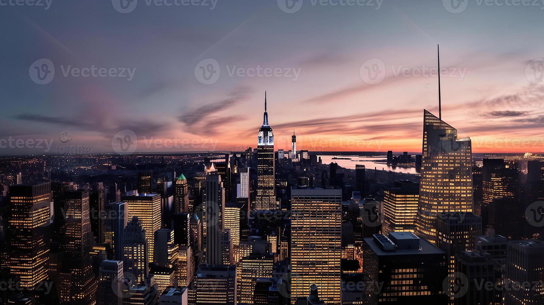 sorprendente panorama Visualizza di nuovo York città orizzonte e grattacielo a tramonto, generativo ai foto