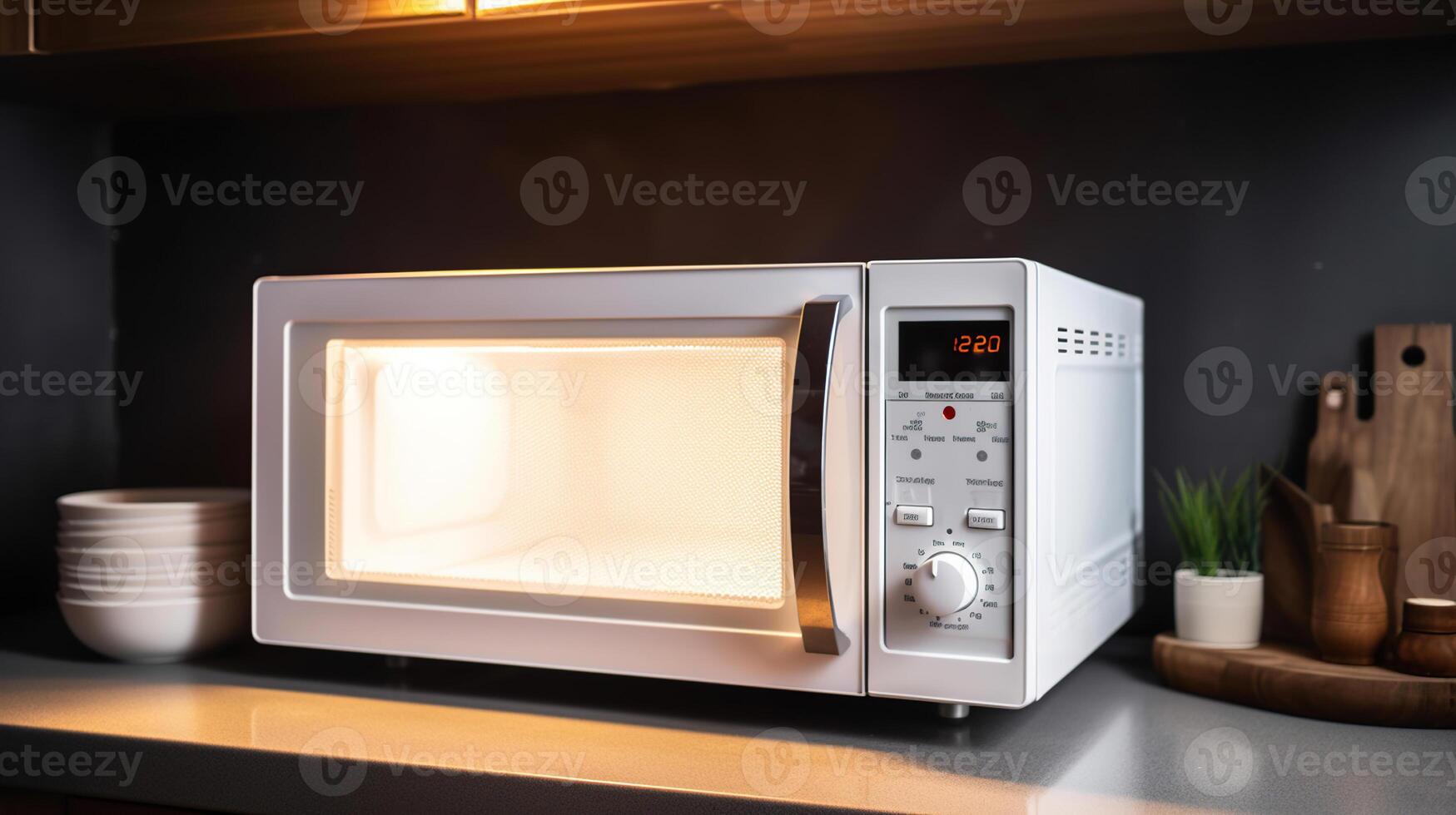 moderno microonde forno nel cucina, generativo ai foto