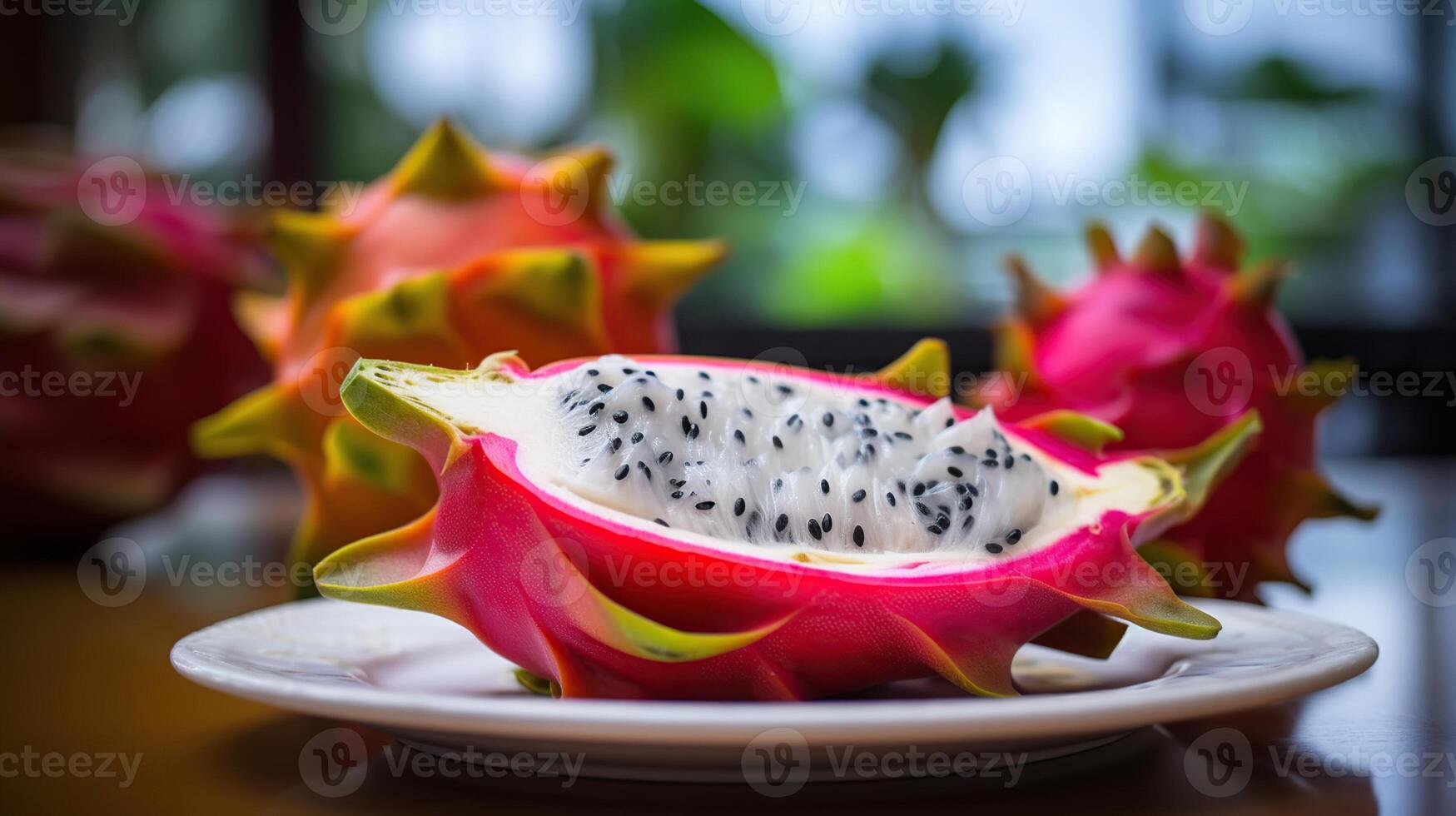 Drago frutta fetta su bianca piatto con sfocatura sfondo, fresco bianca e rosa rosso viola Drago frutta tropicale, generativo ai foto