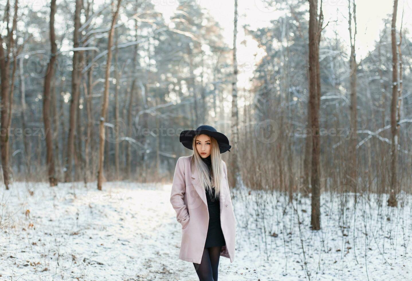 bella alla moda donna nel nero cappello e rosa cappotto nel inverno sorprendente boschi a tramonto foto